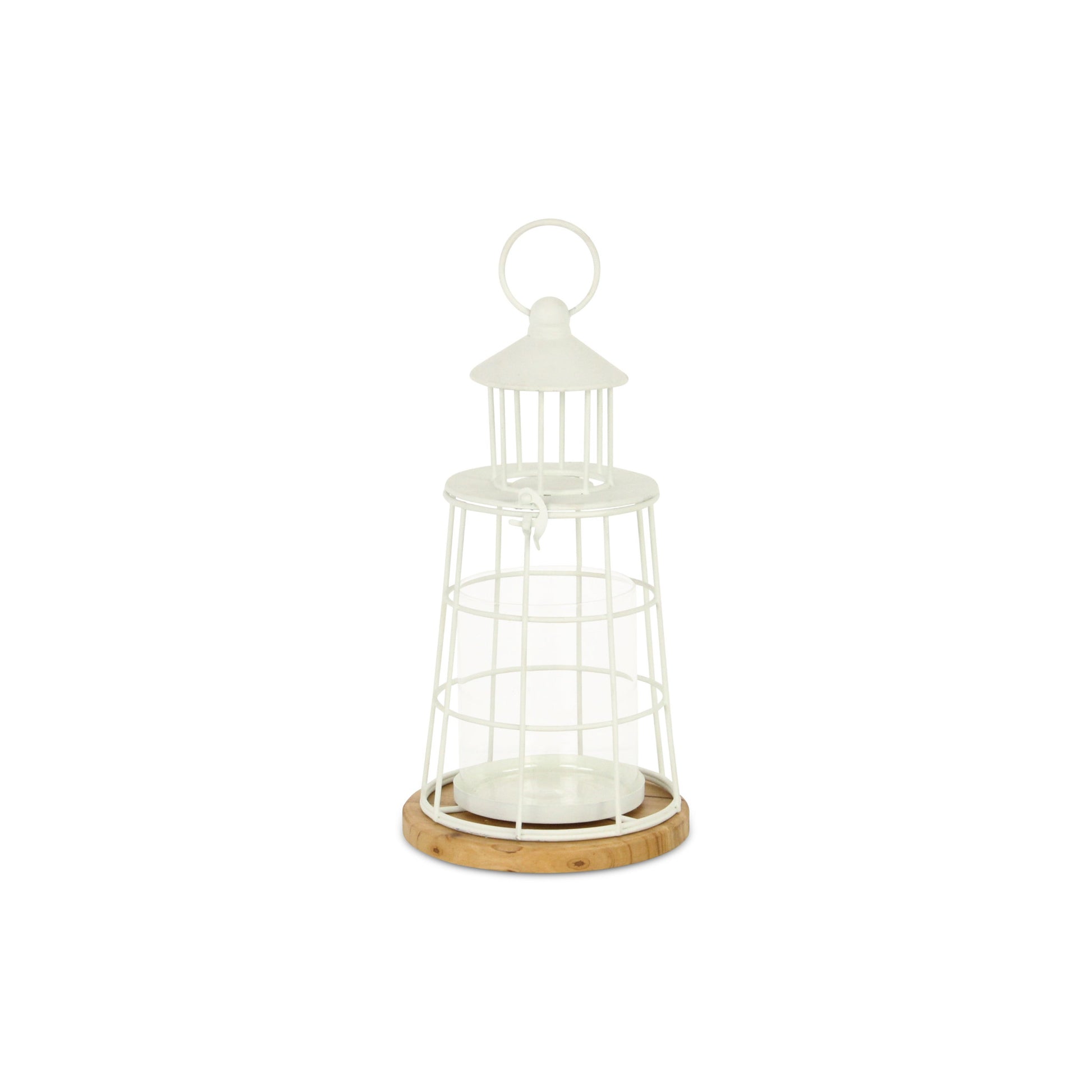 12" White And Natural Metal And Wood Lighthouse Tabletop Lantern Candle Holder-Candle Holders-DECOROLALA