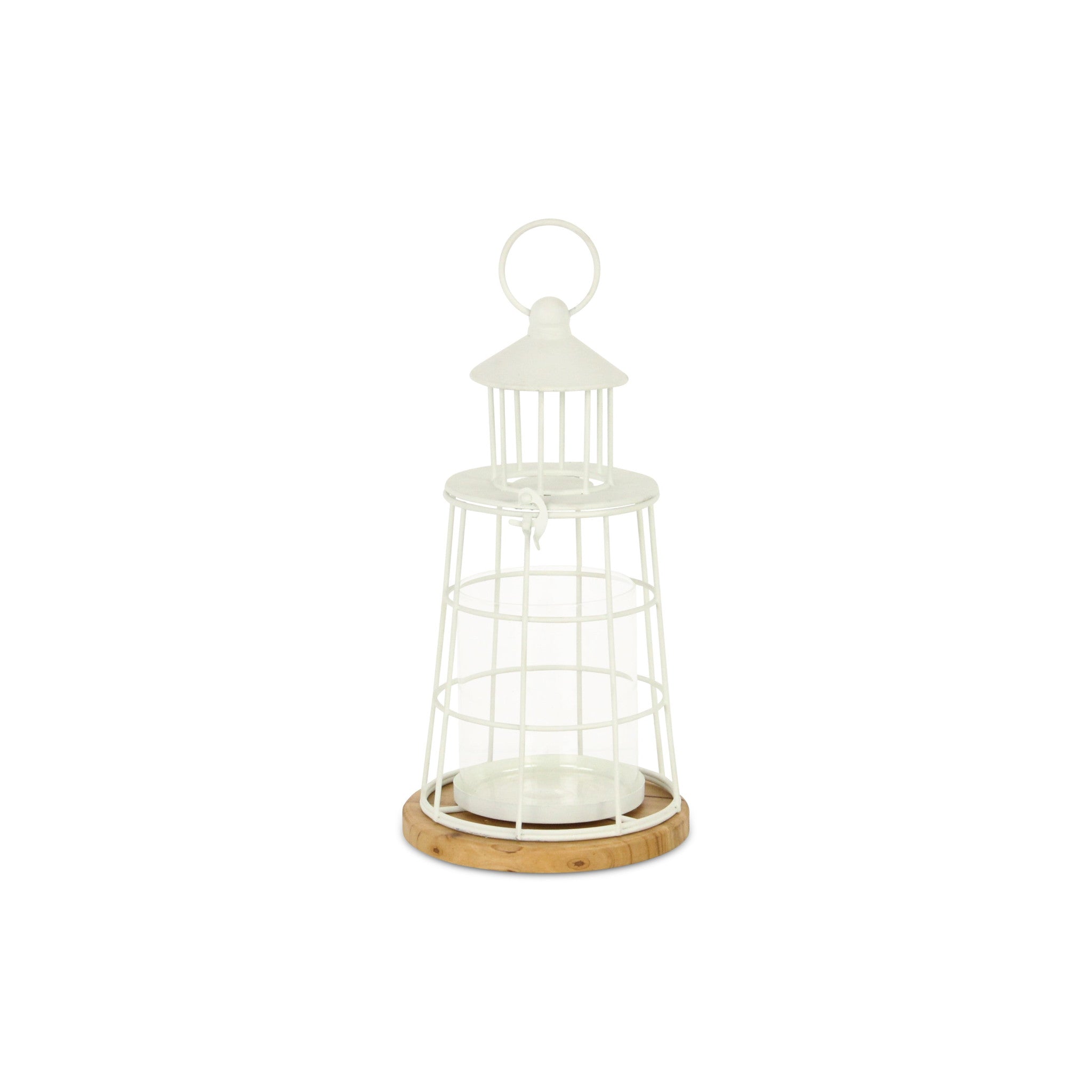 12" White And Natural Metal And Wood Lighthouse Tabletop Lantern Candle Holder-Candle Holders-DECOROLALA