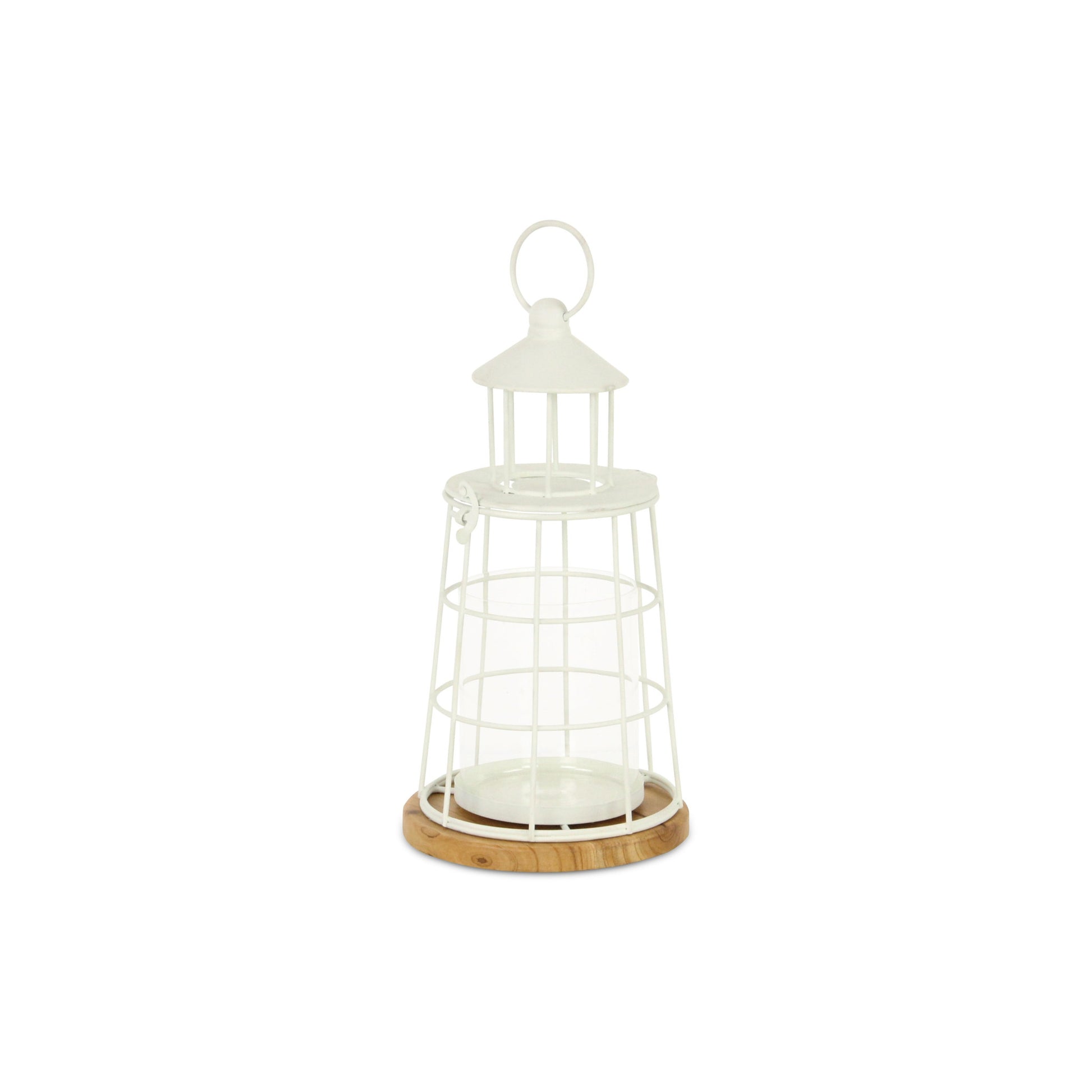 12" White And Natural Metal And Wood Lighthouse Tabletop Lantern Candle Holder-Candle Holders-DECOROLALA