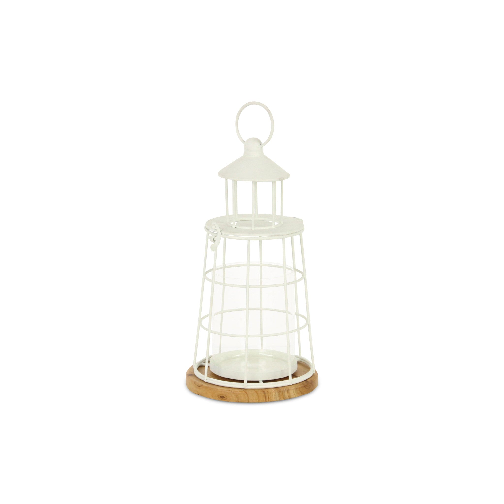 12" White And Natural Metal And Wood Lighthouse Tabletop Lantern Candle Holder-Candle Holders-DECOROLALA