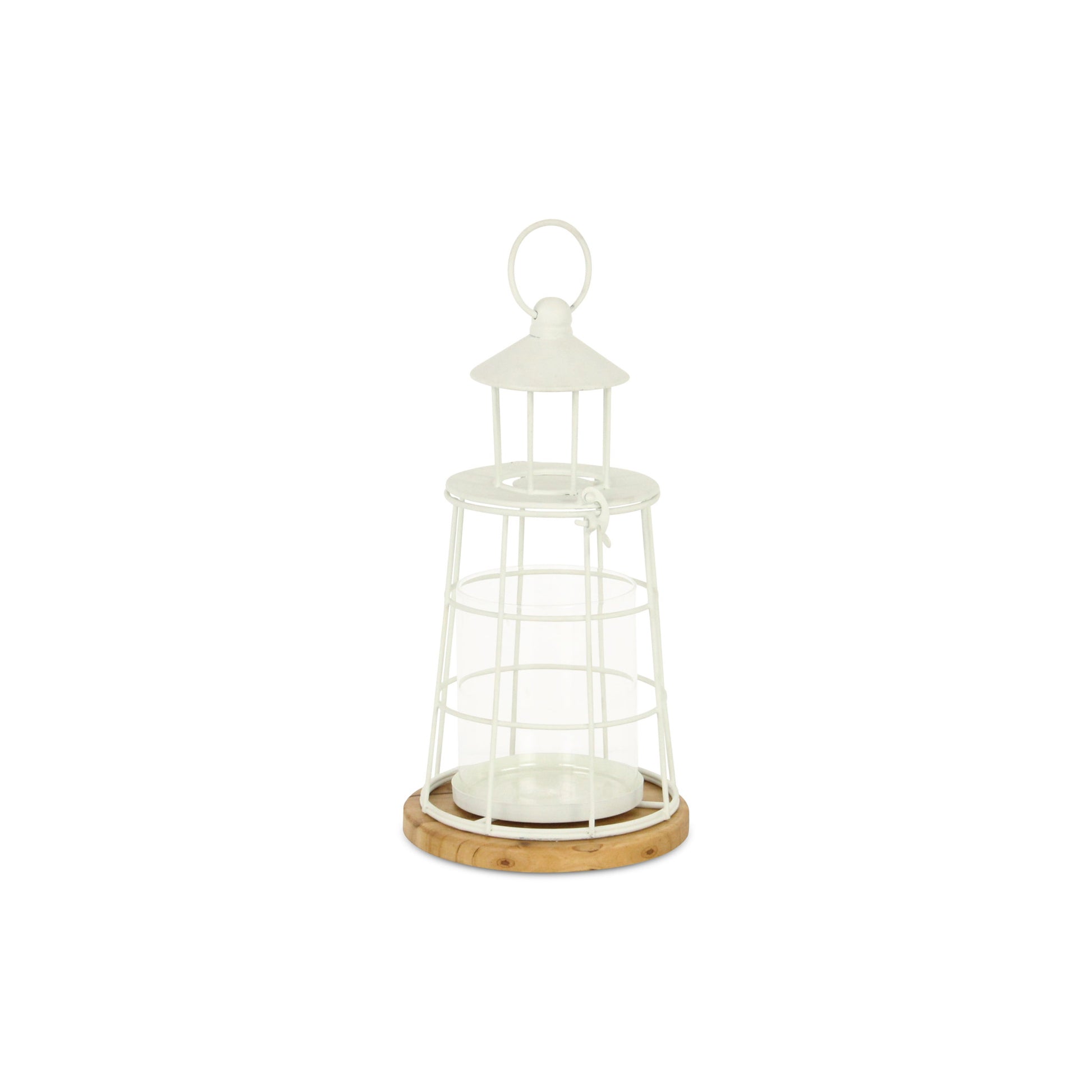 12" White And Natural Metal And Wood Lighthouse Tabletop Lantern Candle Holder-Candle Holders-DECOROLALA
