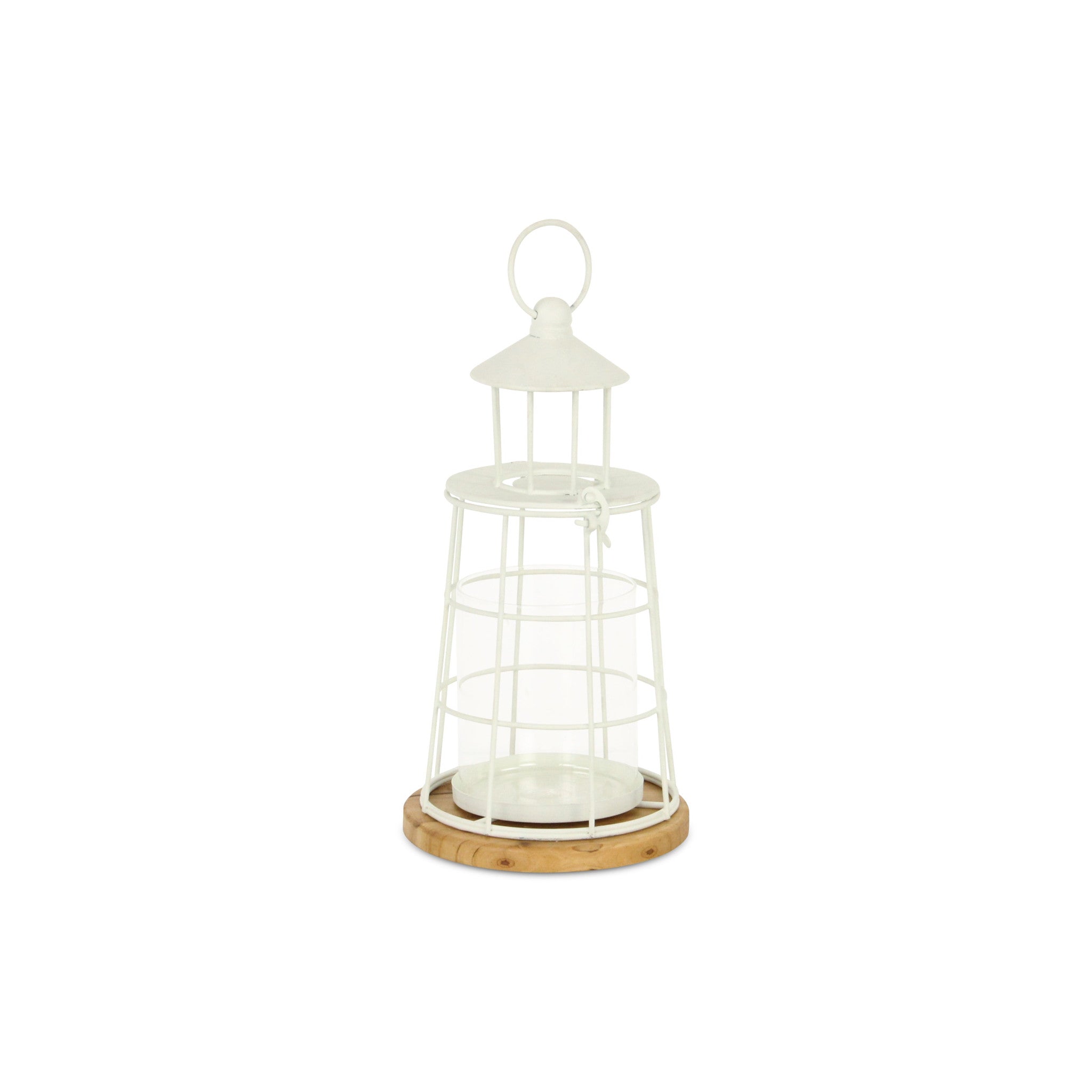 12" White And Natural Metal And Wood Lighthouse Tabletop Lantern Candle Holder-Candle Holders-DECOROLALA