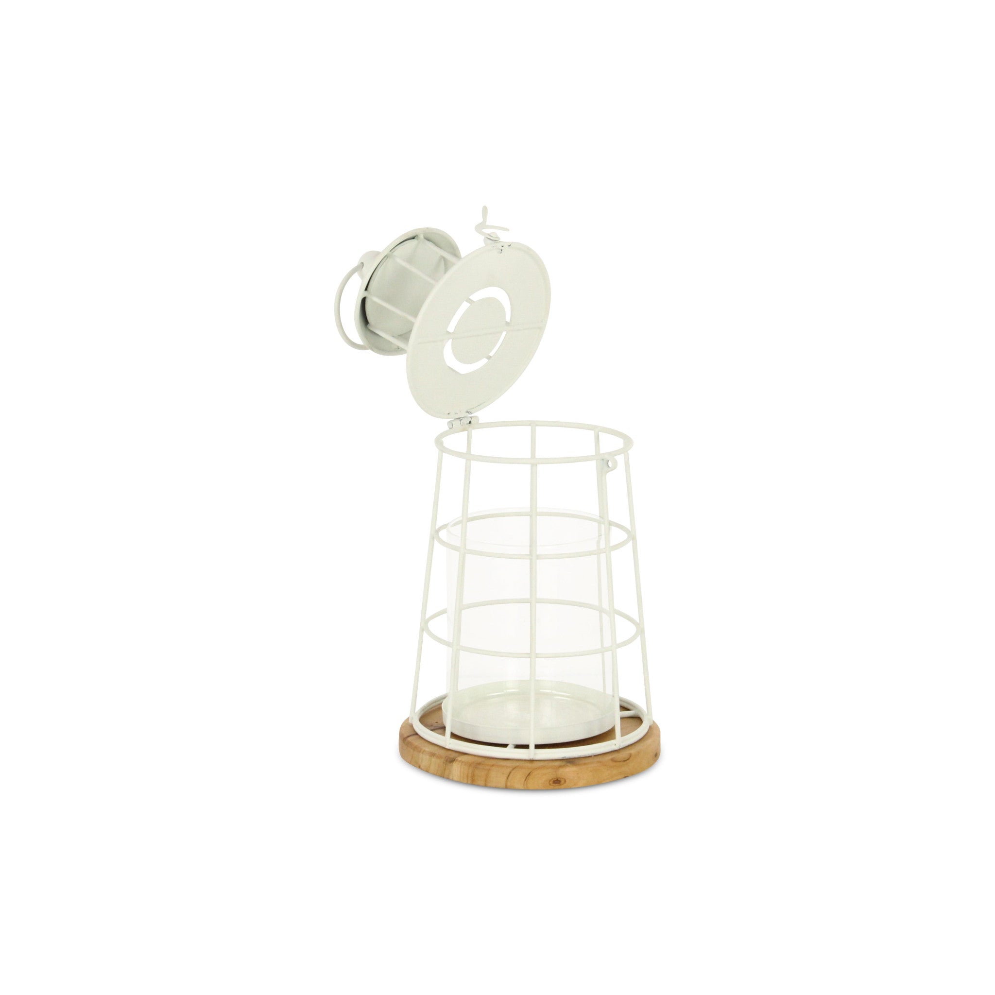 12" White And Natural Metal And Wood Lighthouse Tabletop Lantern Candle Holder-Candle Holders-DECOROLALA