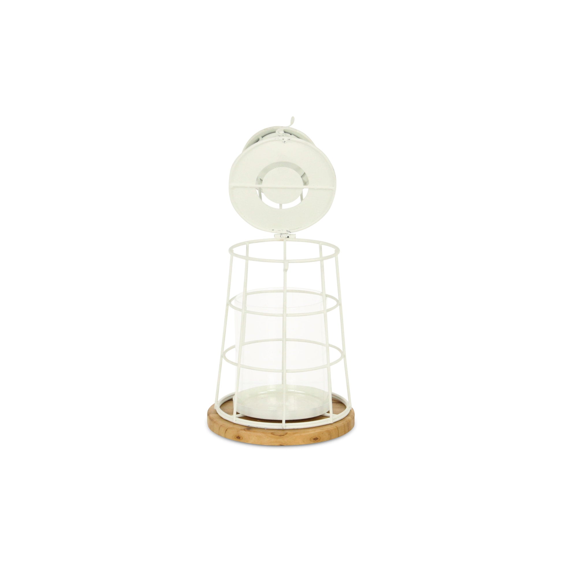 12" White And Natural Metal And Wood Lighthouse Tabletop Lantern Candle Holder-Candle Holders-DECOROLALA
