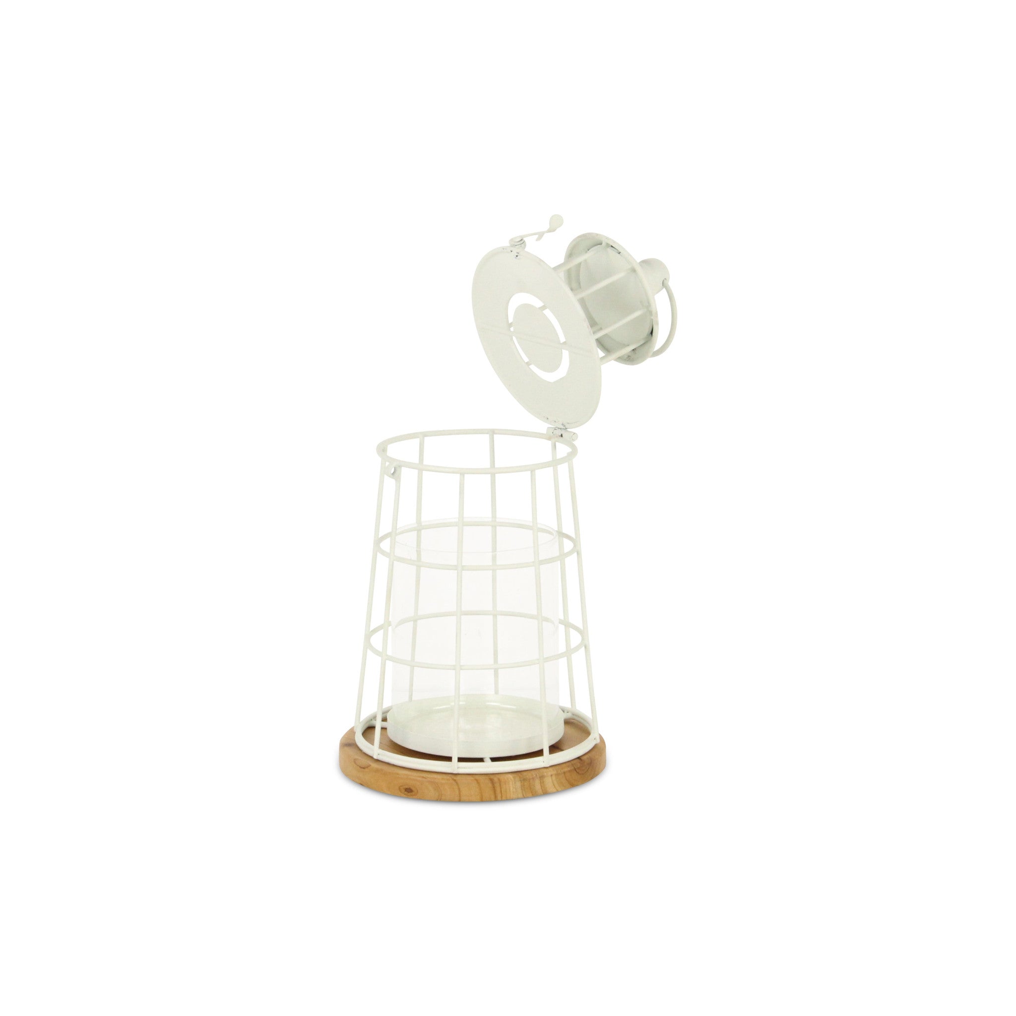 12" White And Natural Metal And Wood Lighthouse Tabletop Lantern Candle Holder-Candle Holders-DECOROLALA