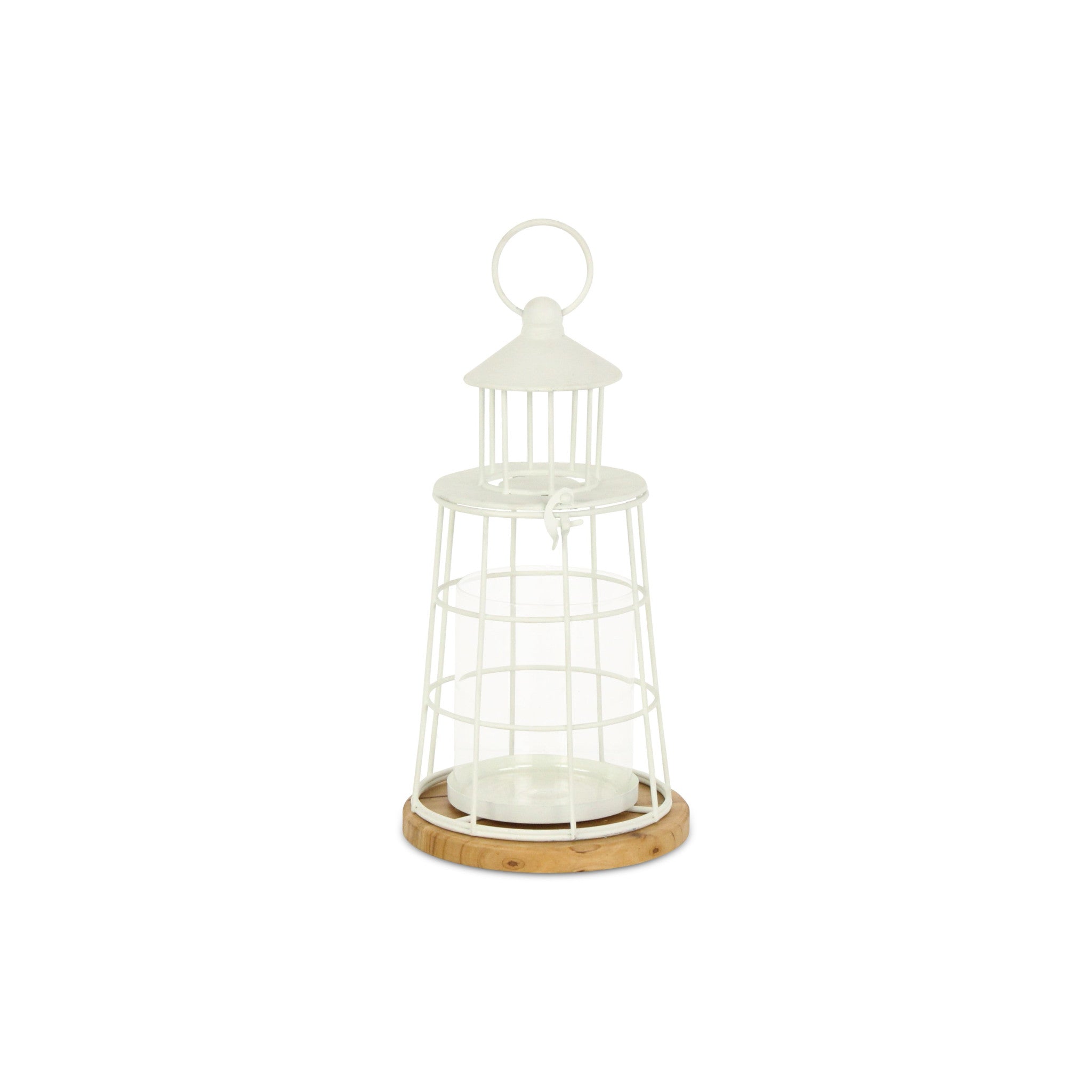12" White And Natural Metal And Wood Lighthouse Tabletop Lantern Candle Holder-Candle Holders-DECOROLALA