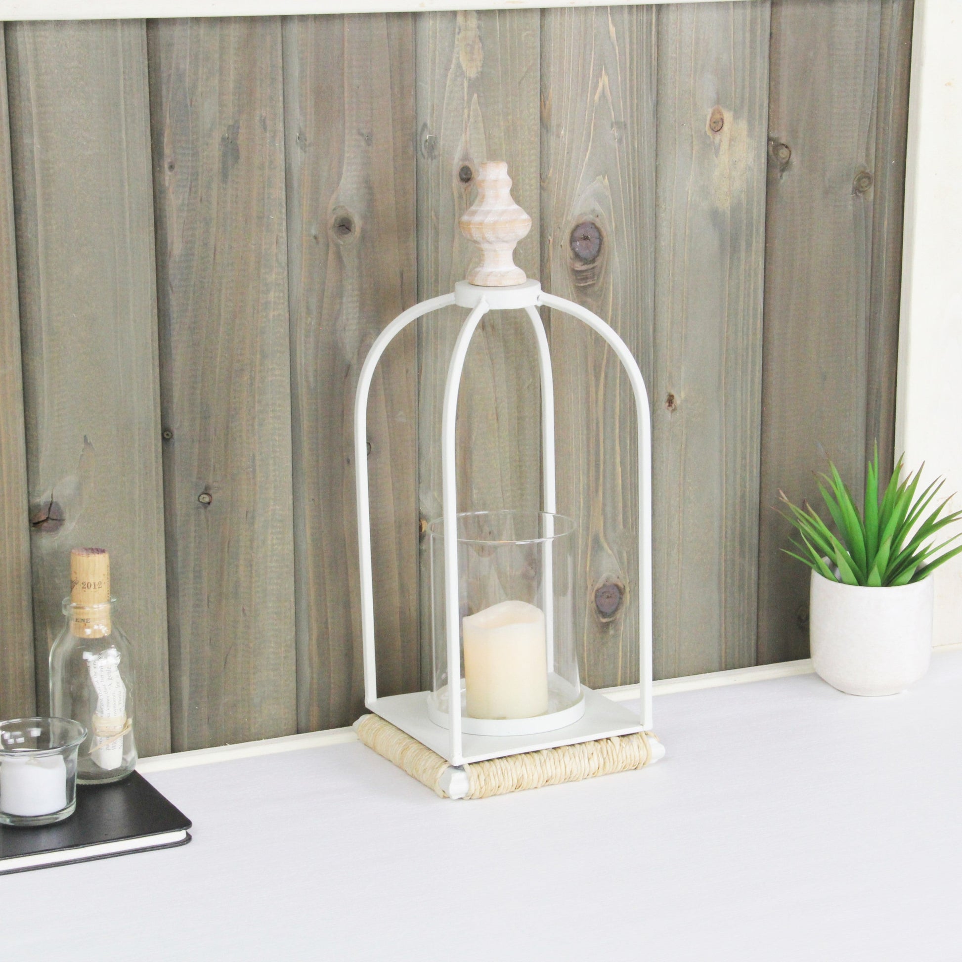 14" White Metal With Wood And Rope Tabletop Lantern Candle Holder-Candle Holders-DECOROLALA