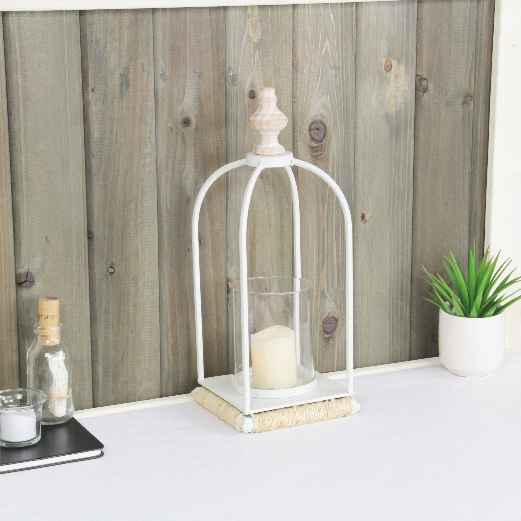 14" White Metal With Wood And Rope Tabletop Lantern Candle Holder-Candle Holders-DECOROLALA