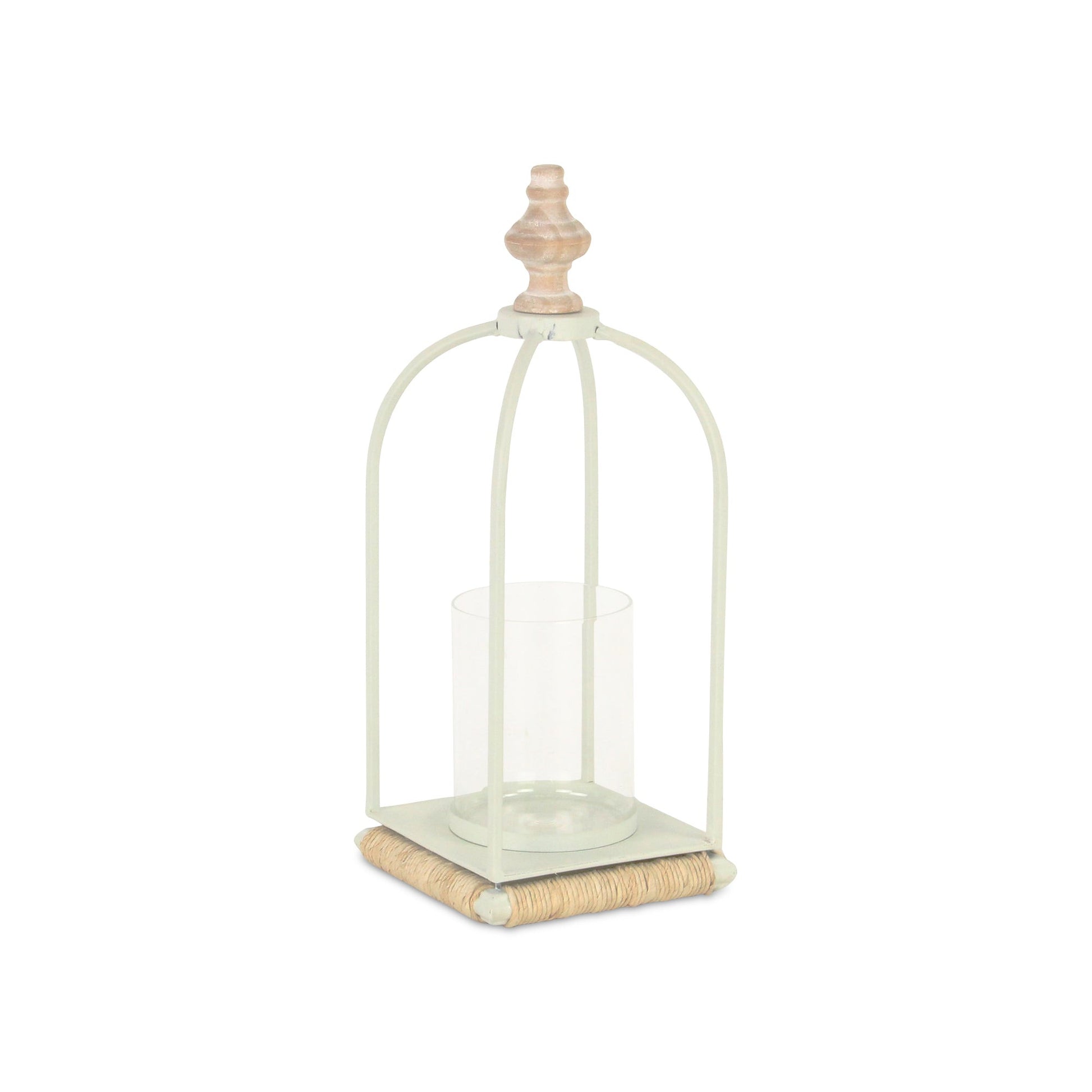 14" White Metal With Wood And Rope Tabletop Lantern Candle Holder-Candle Holders-DECOROLALA