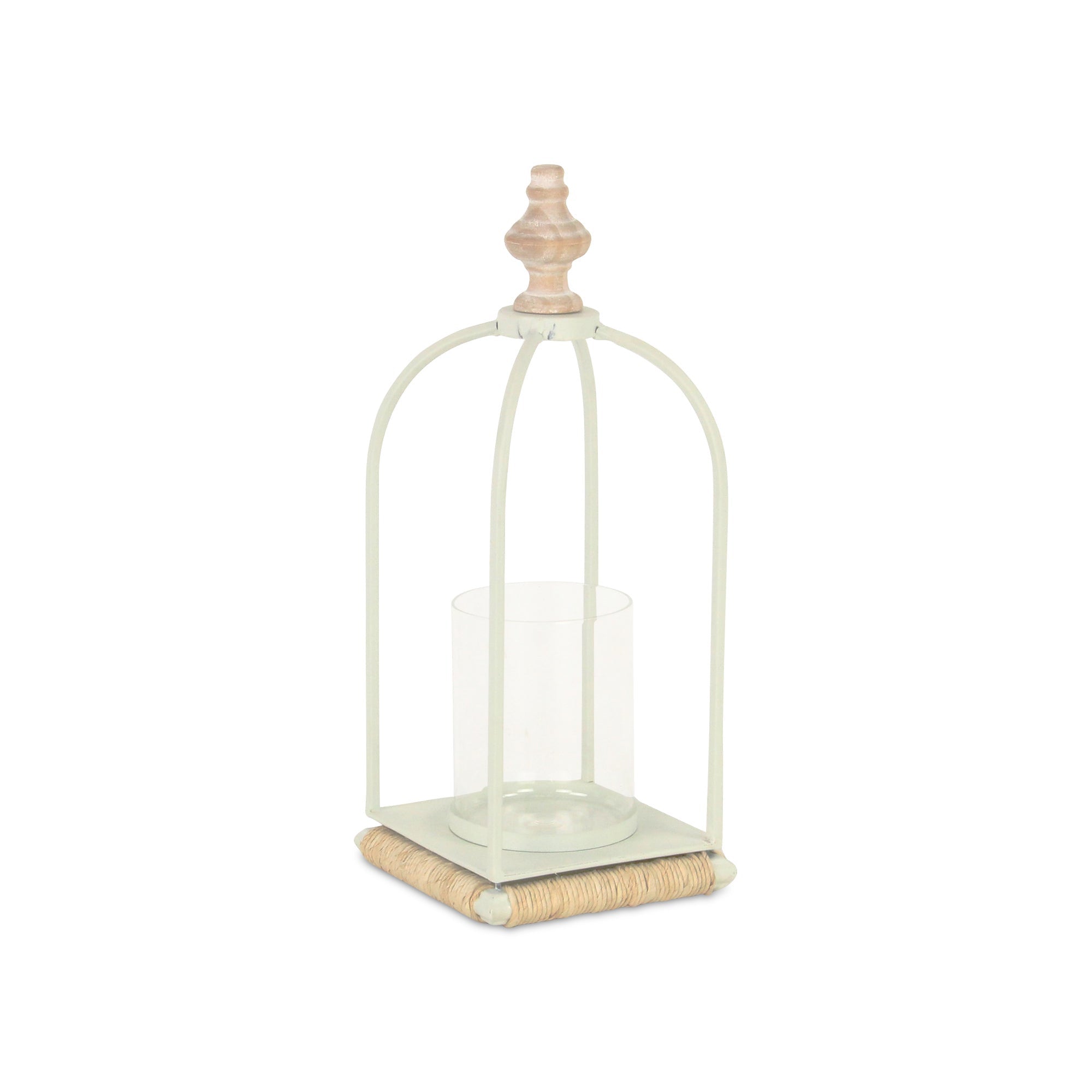 14" White Metal With Wood And Rope Tabletop Lantern Candle Holder-Candle Holders-DECOROLALA