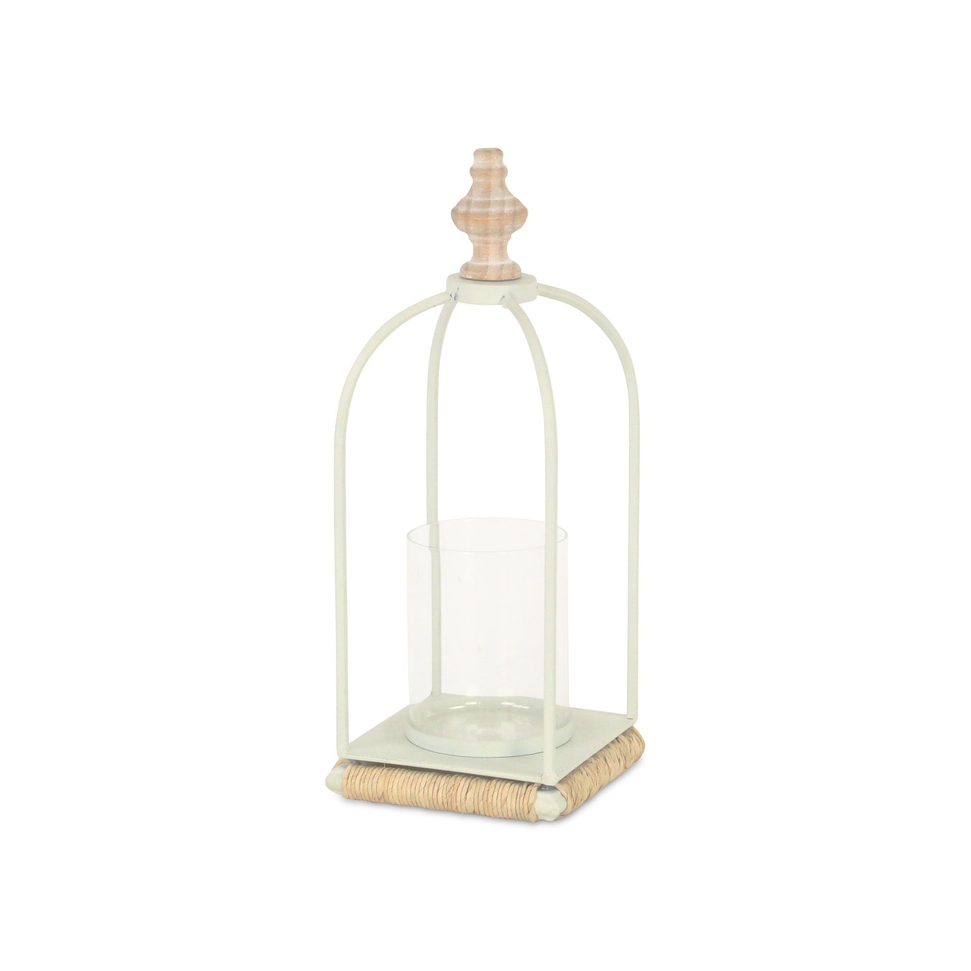 14" White Metal With Wood And Rope Tabletop Lantern Candle Holder-Candle Holders-DECOROLALA