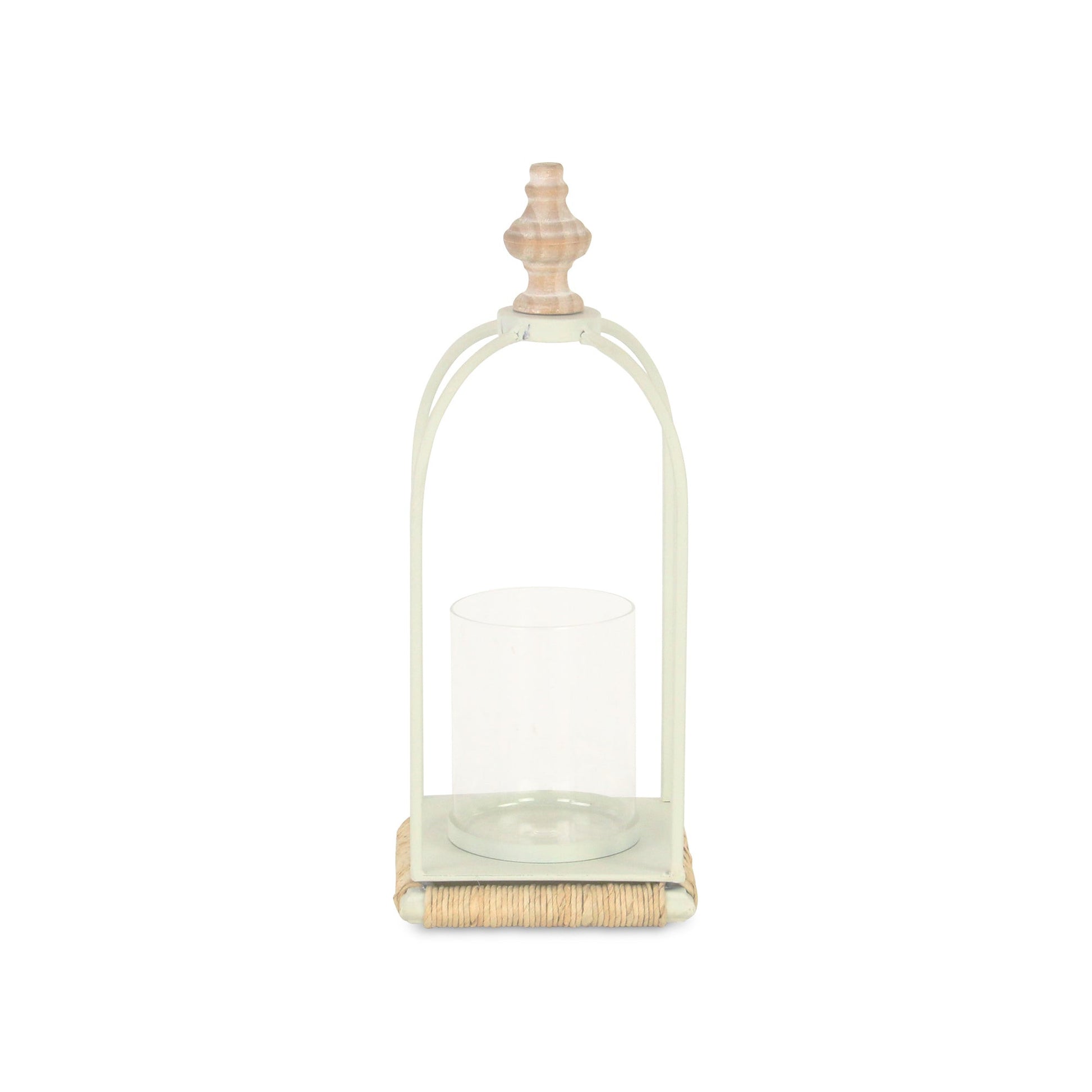 14" White Metal With Wood And Rope Tabletop Lantern Candle Holder-Candle Holders-DECOROLALA