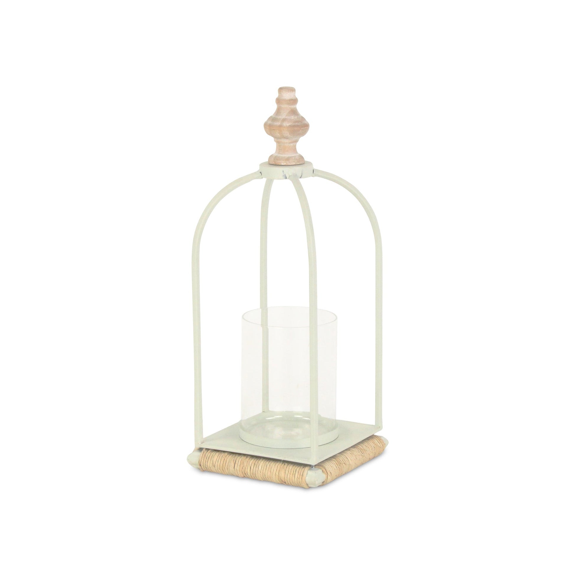 14" White Metal With Wood And Rope Tabletop Lantern Candle Holder-Candle Holders-DECOROLALA