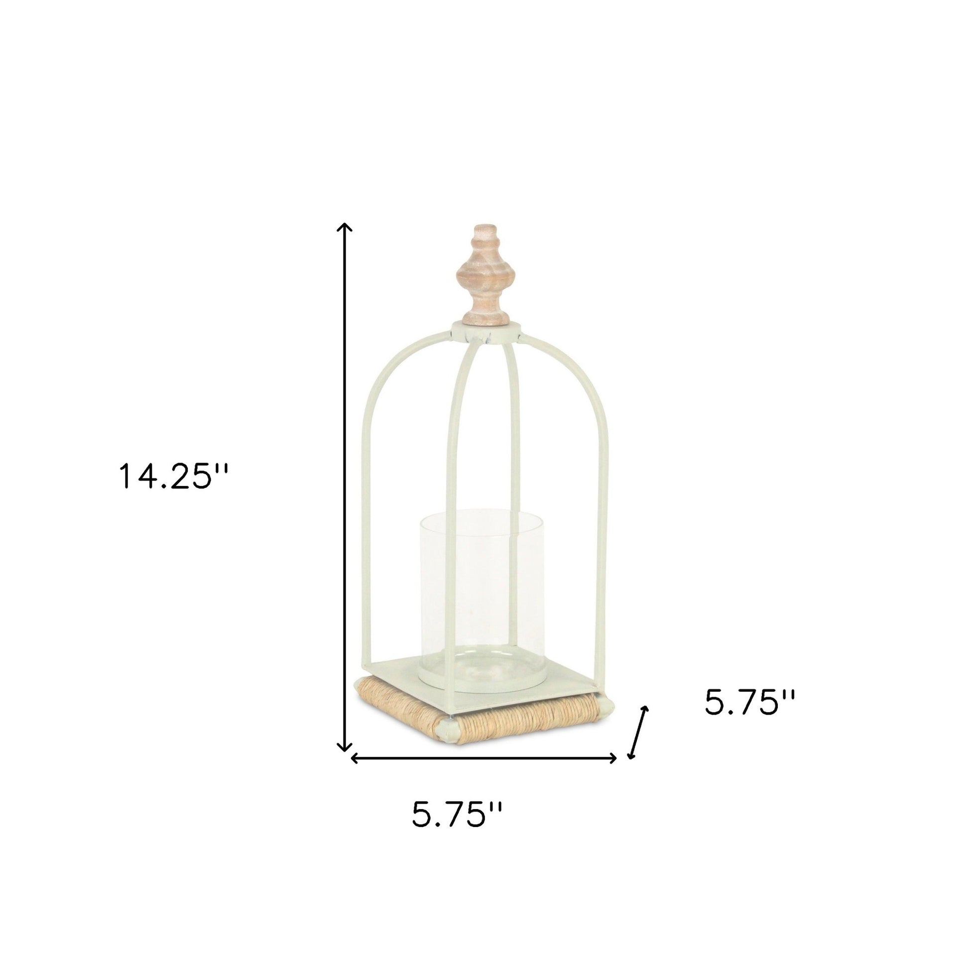 14" White Metal With Wood And Rope Tabletop Lantern Candle Holder-Candle Holders-DECOROLALA