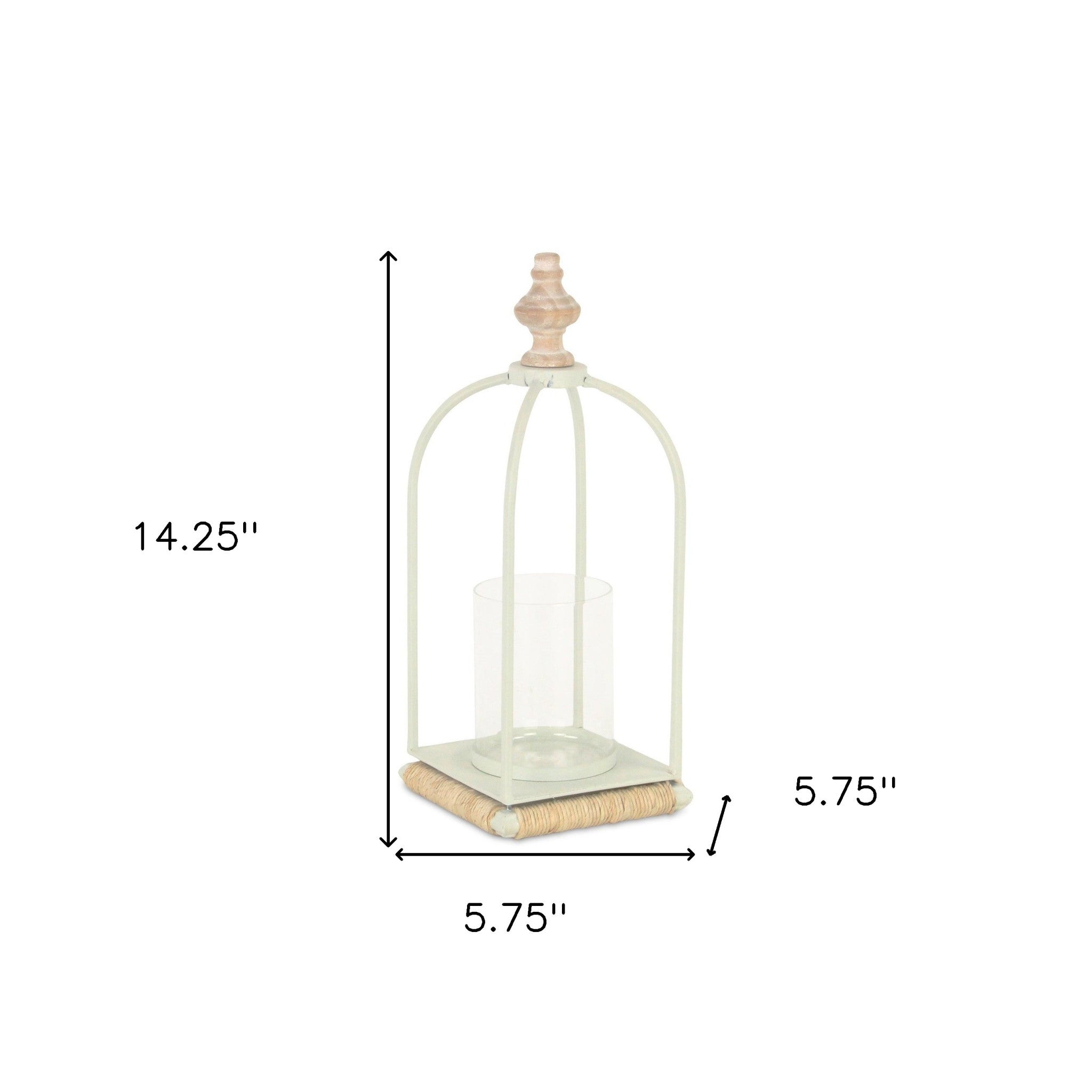 14" White Metal With Wood And Rope Tabletop Lantern Candle Holder-Candle Holders-DECOROLALA