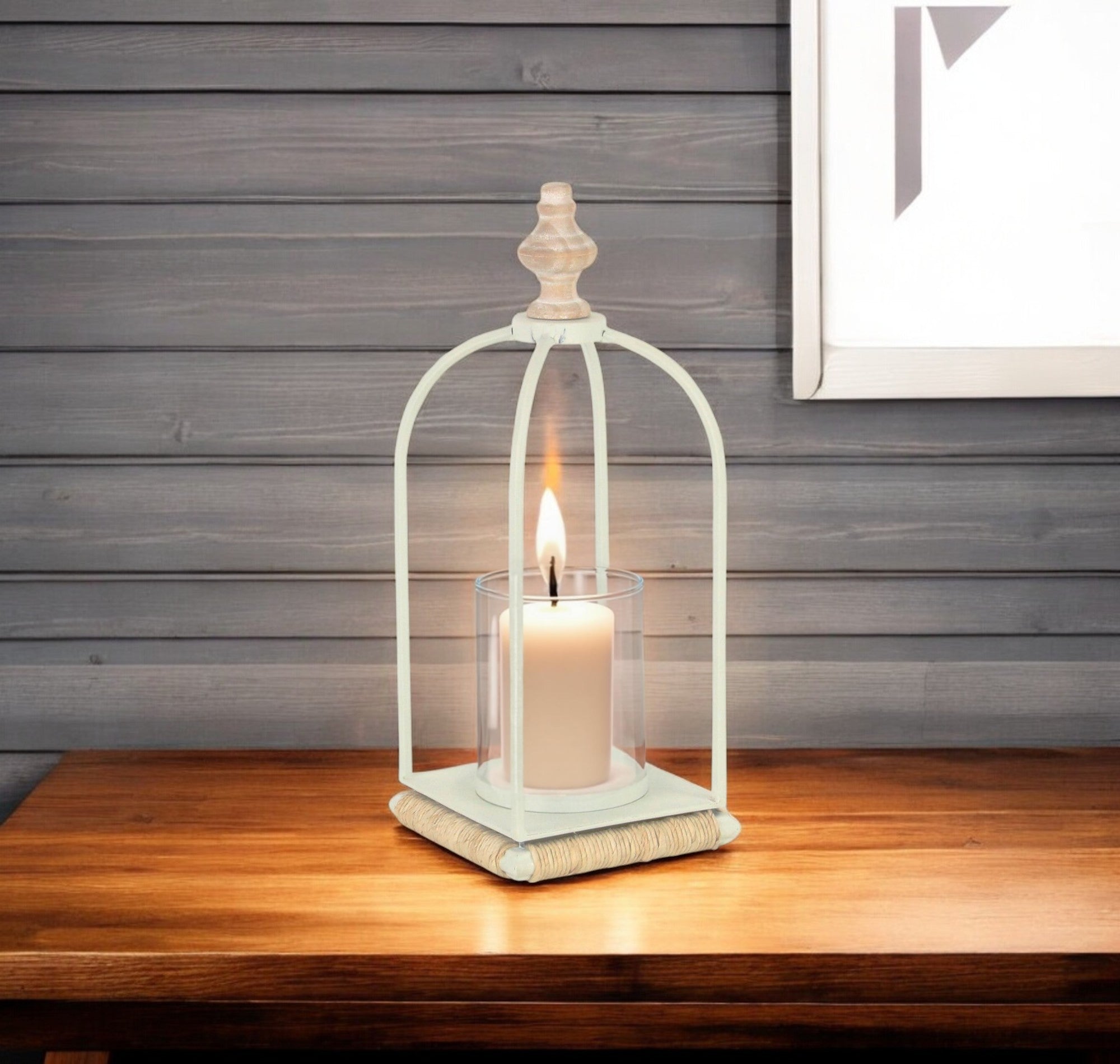 14" White Metal With Wood And Rope Tabletop Lantern Candle Holder-Candle Holders-DECOROLALA