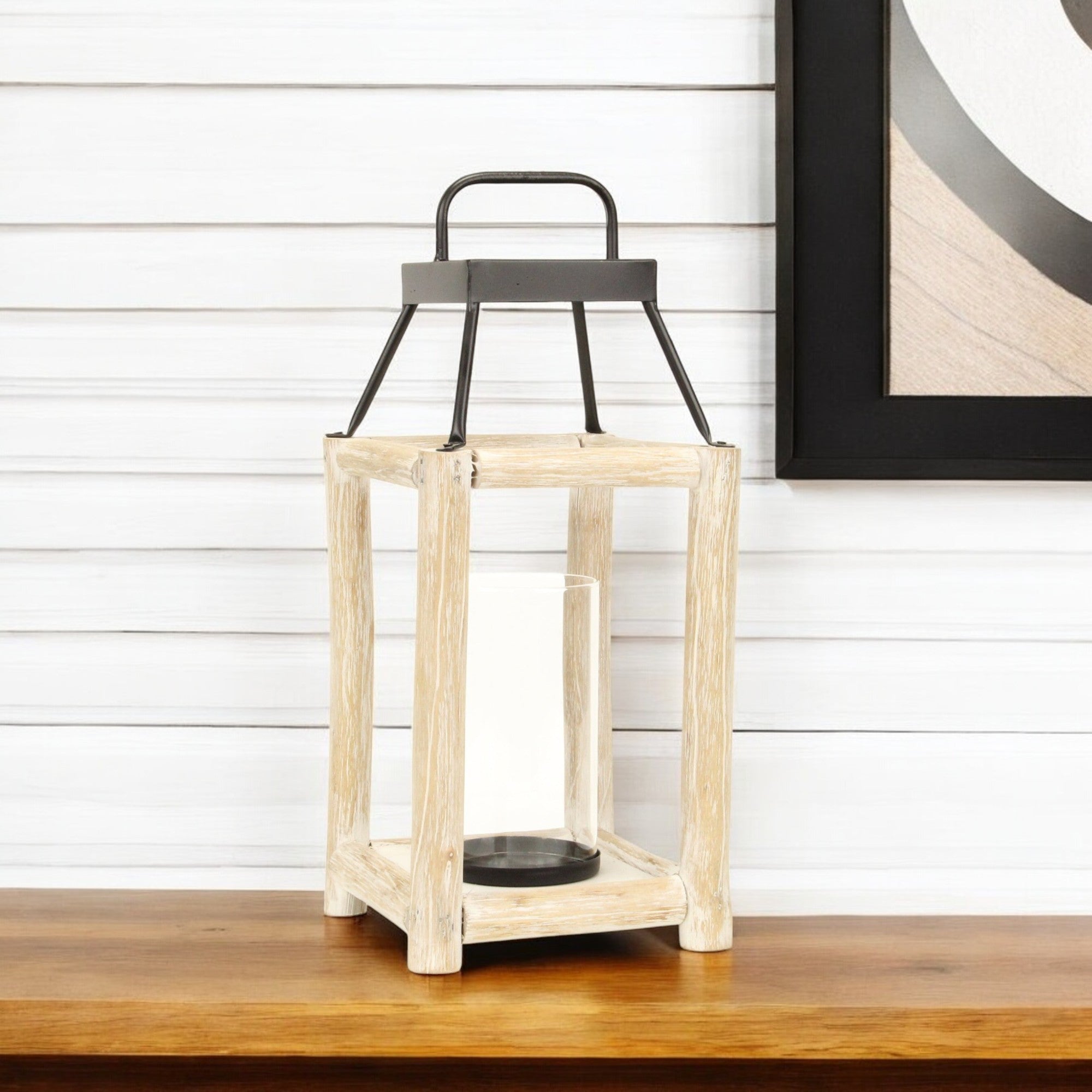 18" Black And Natural Distressed Glass Metal And Wood Tabletop Lantern Candle Holder-Candle Holders-DECOROLALA