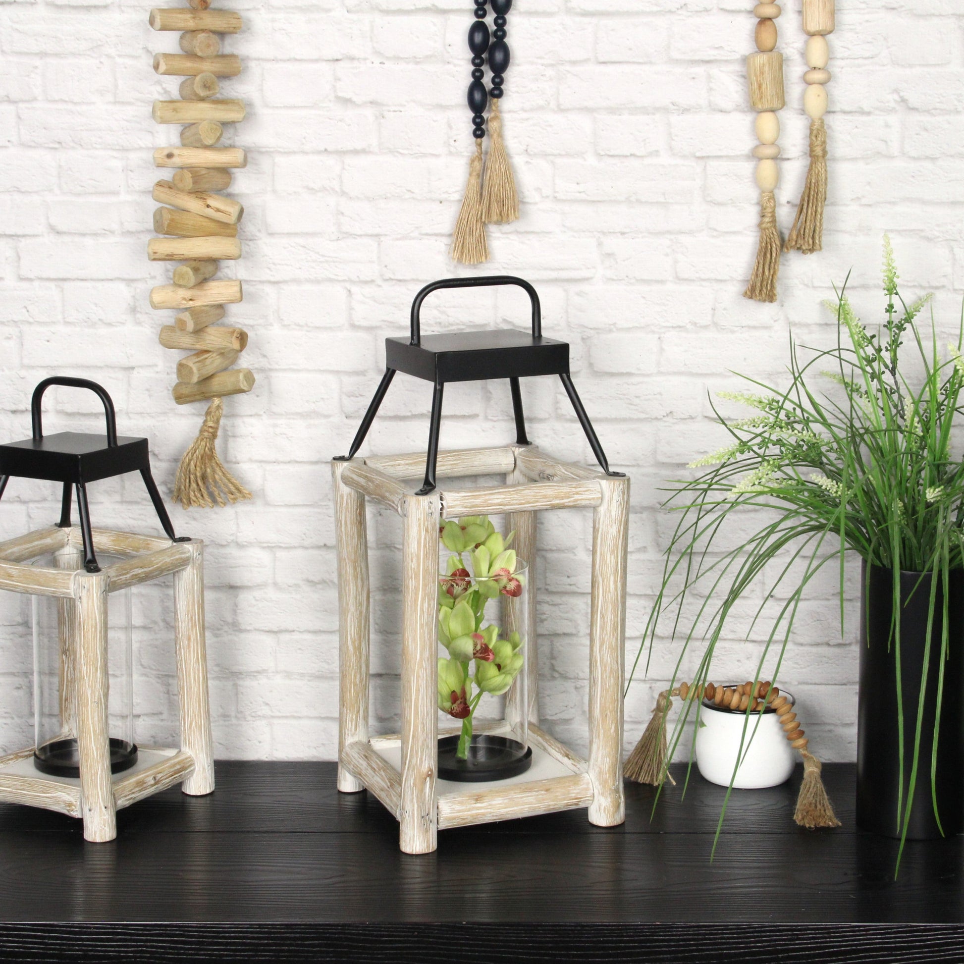18" Black And Natural Distressed Glass Metal And Wood Tabletop Lantern Candle Holder-Candle Holders-DECOROLALA