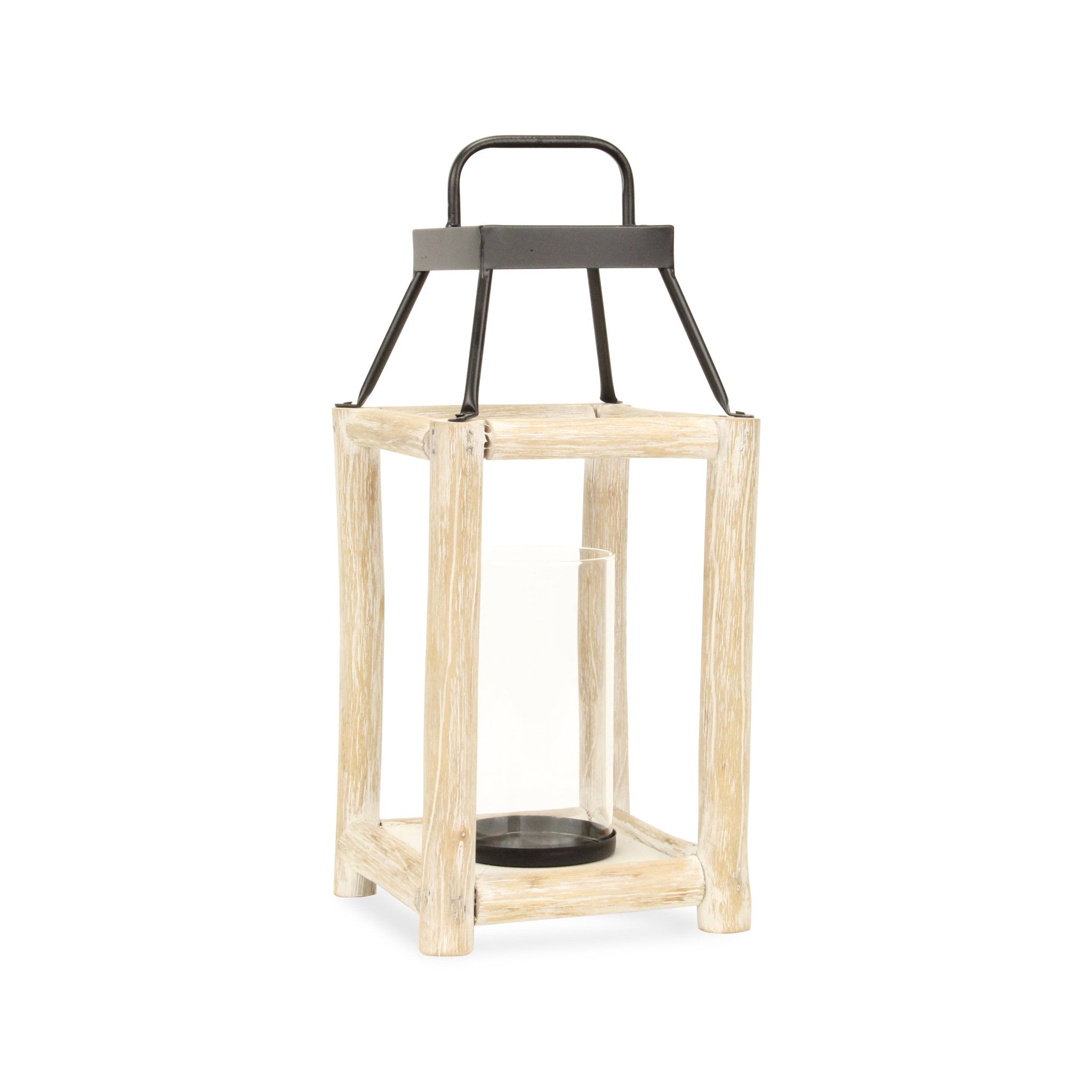 18" Black And Natural Distressed Glass Metal And Wood Tabletop Lantern Candle Holder-Candle Holders-DECOROLALA