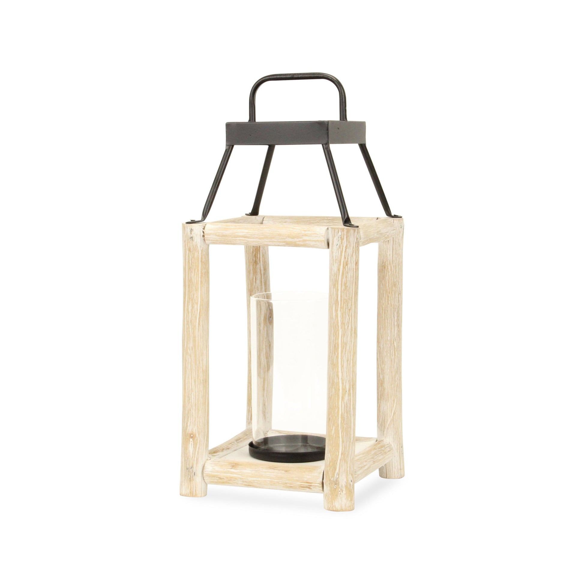 18" Black And Natural Distressed Glass Metal And Wood Tabletop Lantern Candle Holder-Candle Holders-DECOROLALA