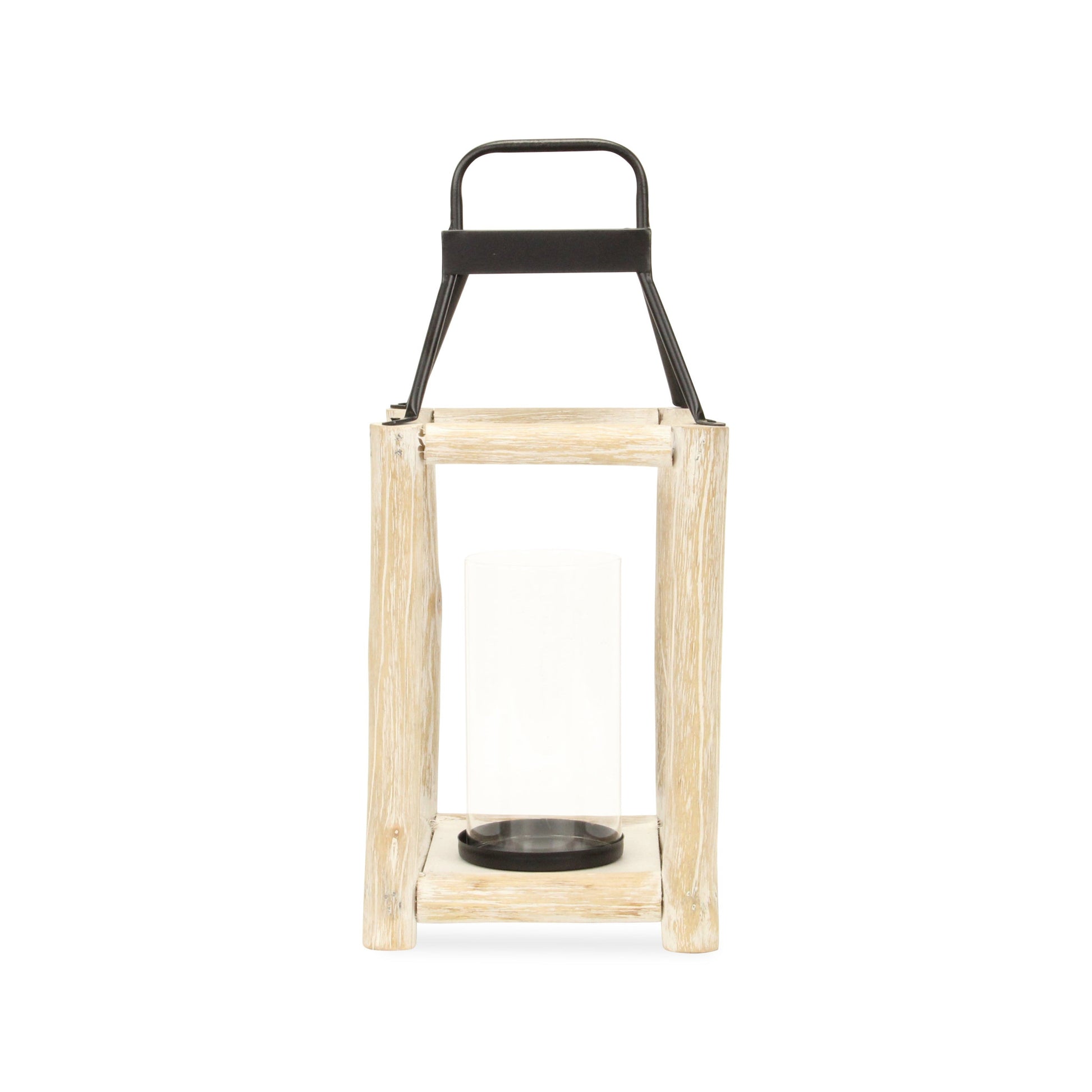 18" Black And Natural Distressed Glass Metal And Wood Tabletop Lantern Candle Holder-Candle Holders-DECOROLALA