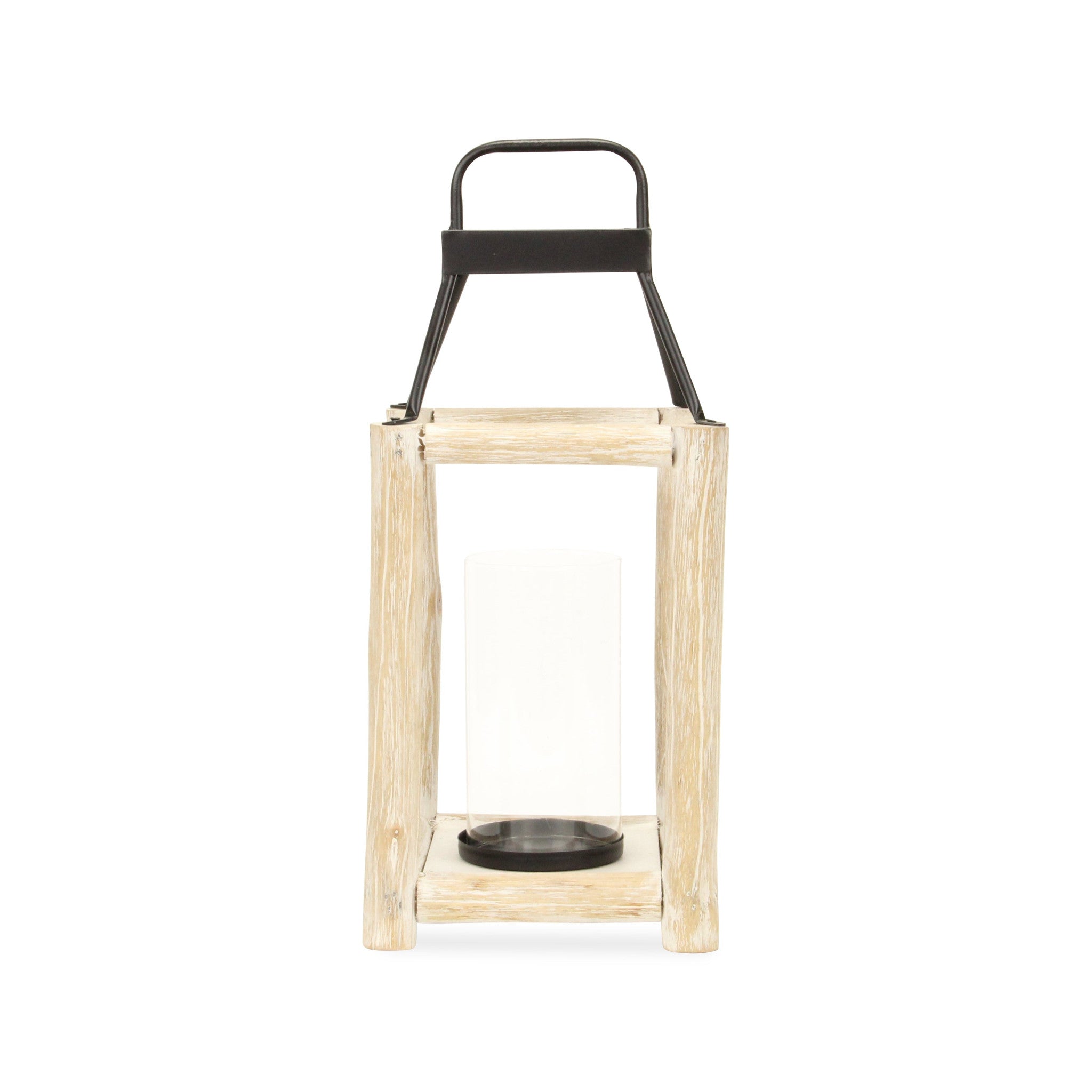 18" Black And Natural Distressed Glass Metal And Wood Tabletop Lantern Candle Holder-Candle Holders-DECOROLALA