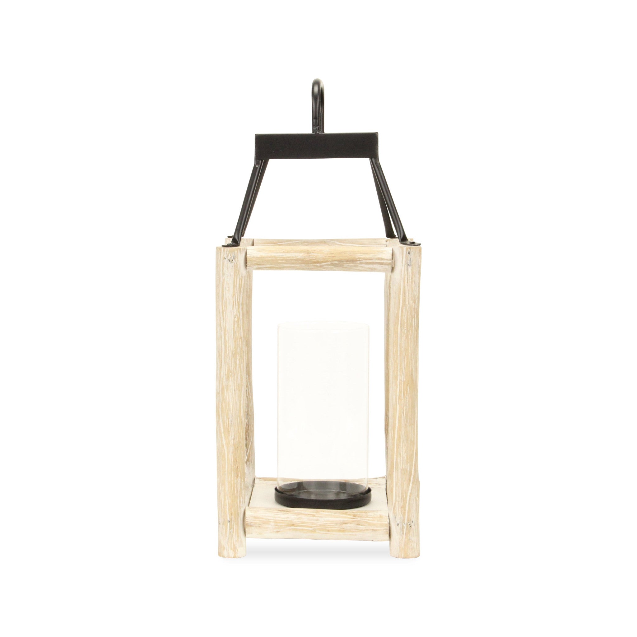 18" Black And Natural Distressed Glass Metal And Wood Tabletop Lantern Candle Holder-Candle Holders-DECOROLALA
