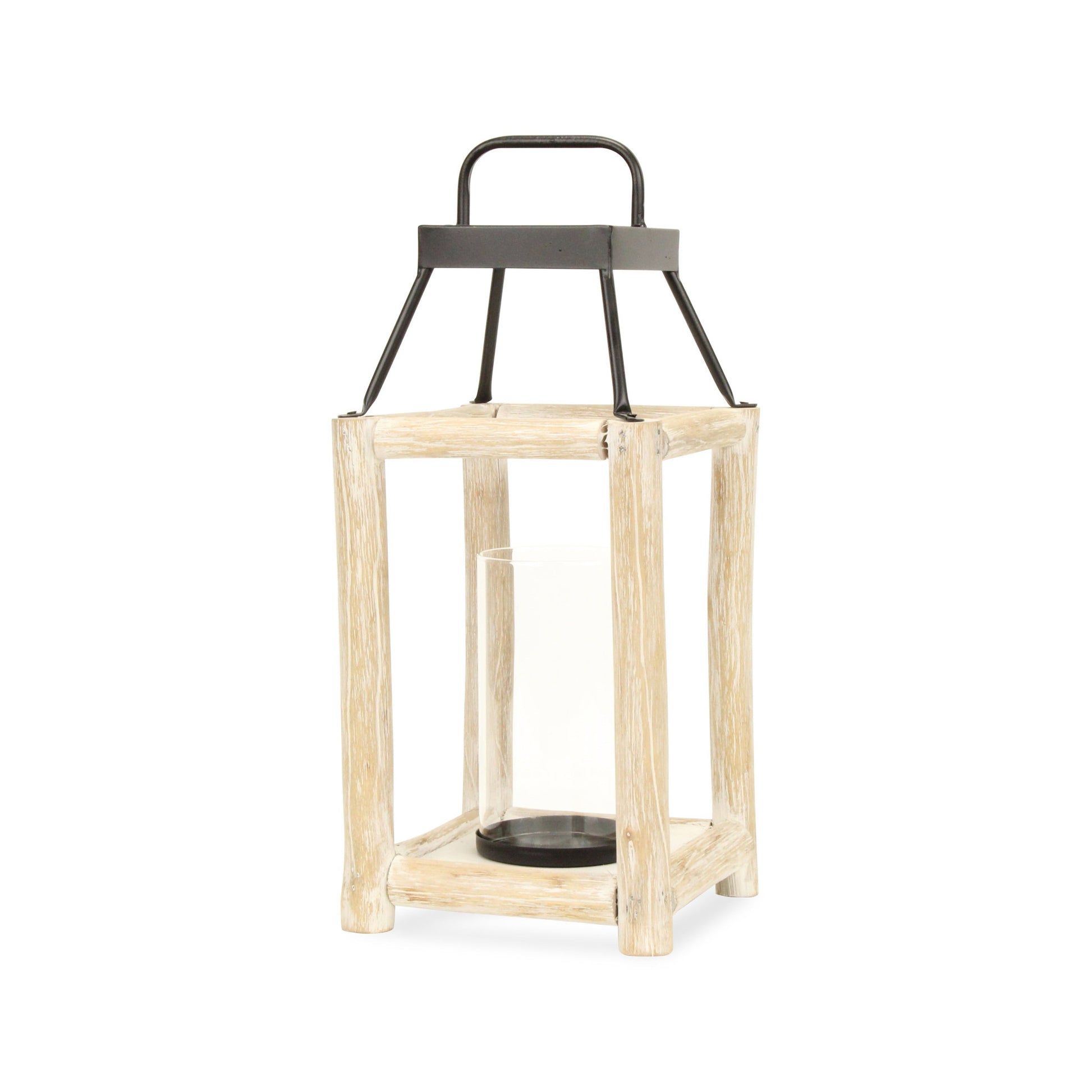 18" Black And Natural Distressed Glass Metal And Wood Tabletop Lantern Candle Holder-Candle Holders-DECOROLALA