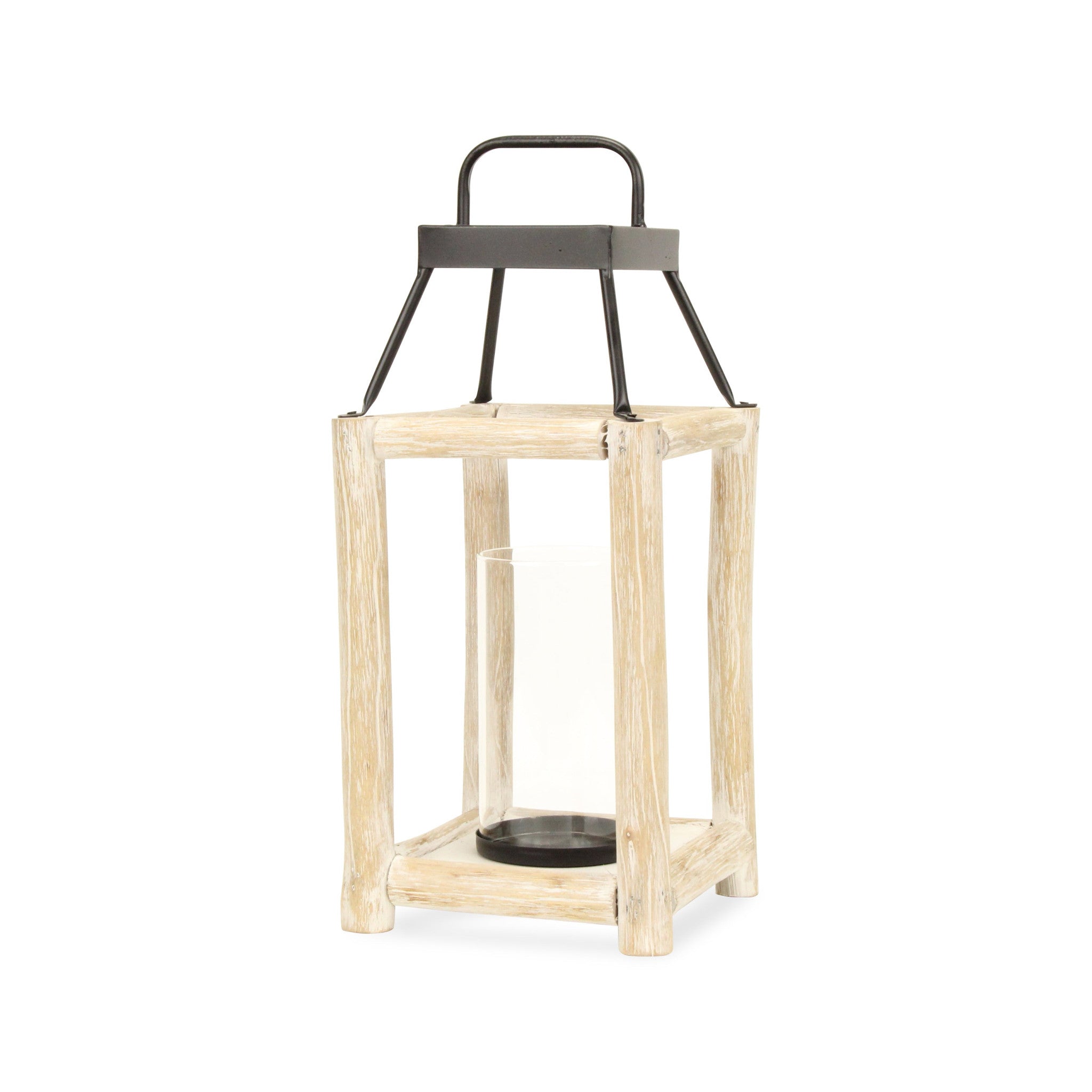 18" Black And Natural Distressed Glass Metal And Wood Tabletop Lantern Candle Holder-Candle Holders-DECOROLALA
