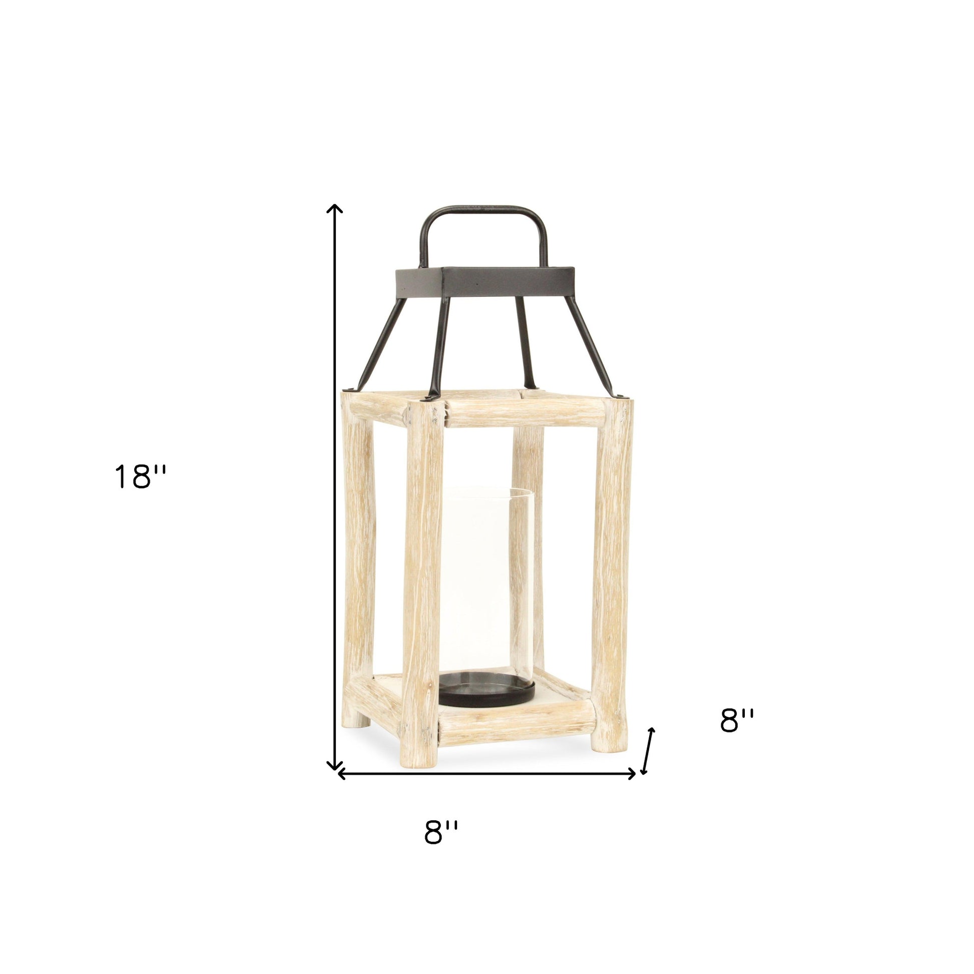 18" Black And Natural Distressed Glass Metal And Wood Tabletop Lantern Candle Holder-Candle Holders-DECOROLALA