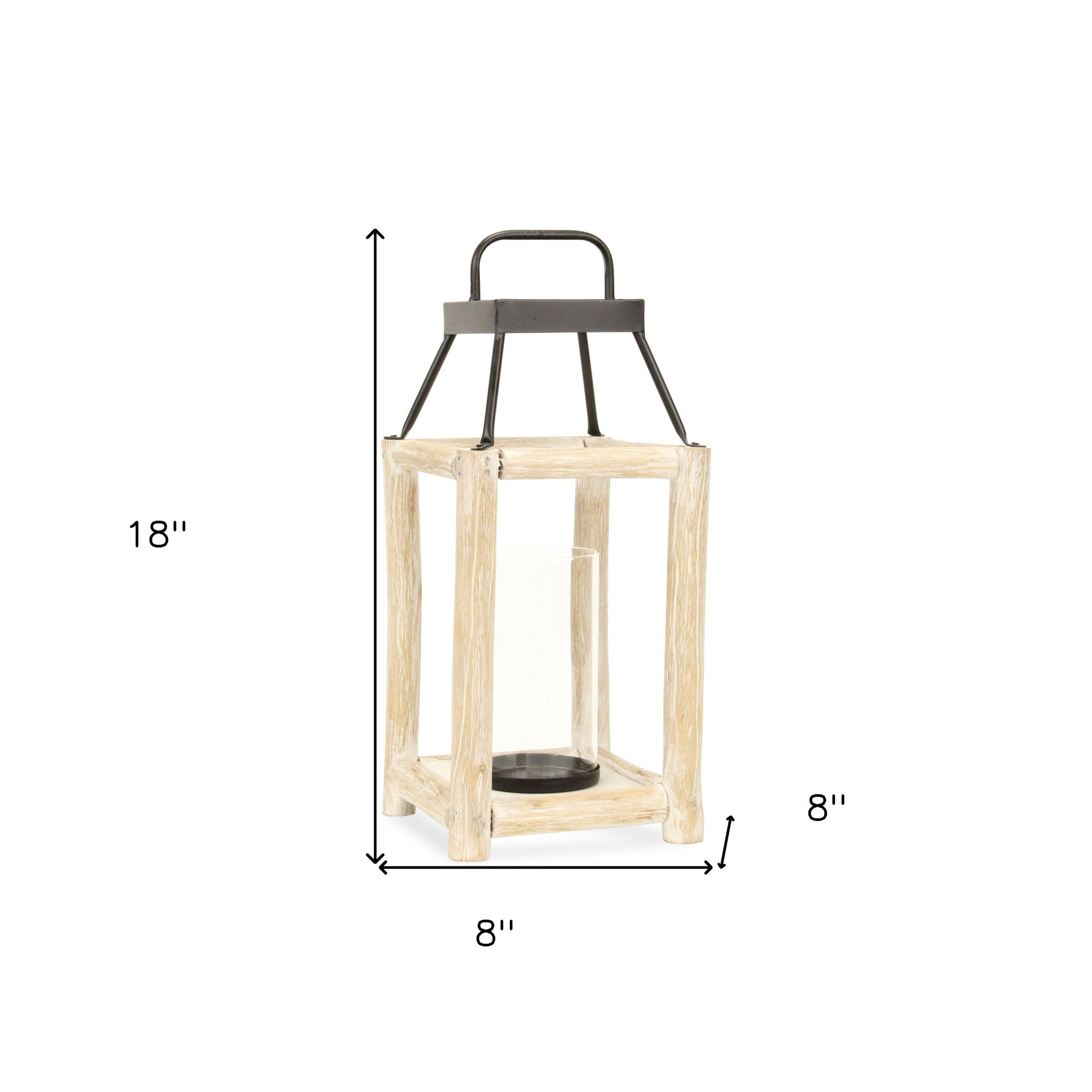 18" Black And Natural Distressed Glass Metal And Wood Tabletop Lantern Candle Holder-Candle Holders-DECOROLALA