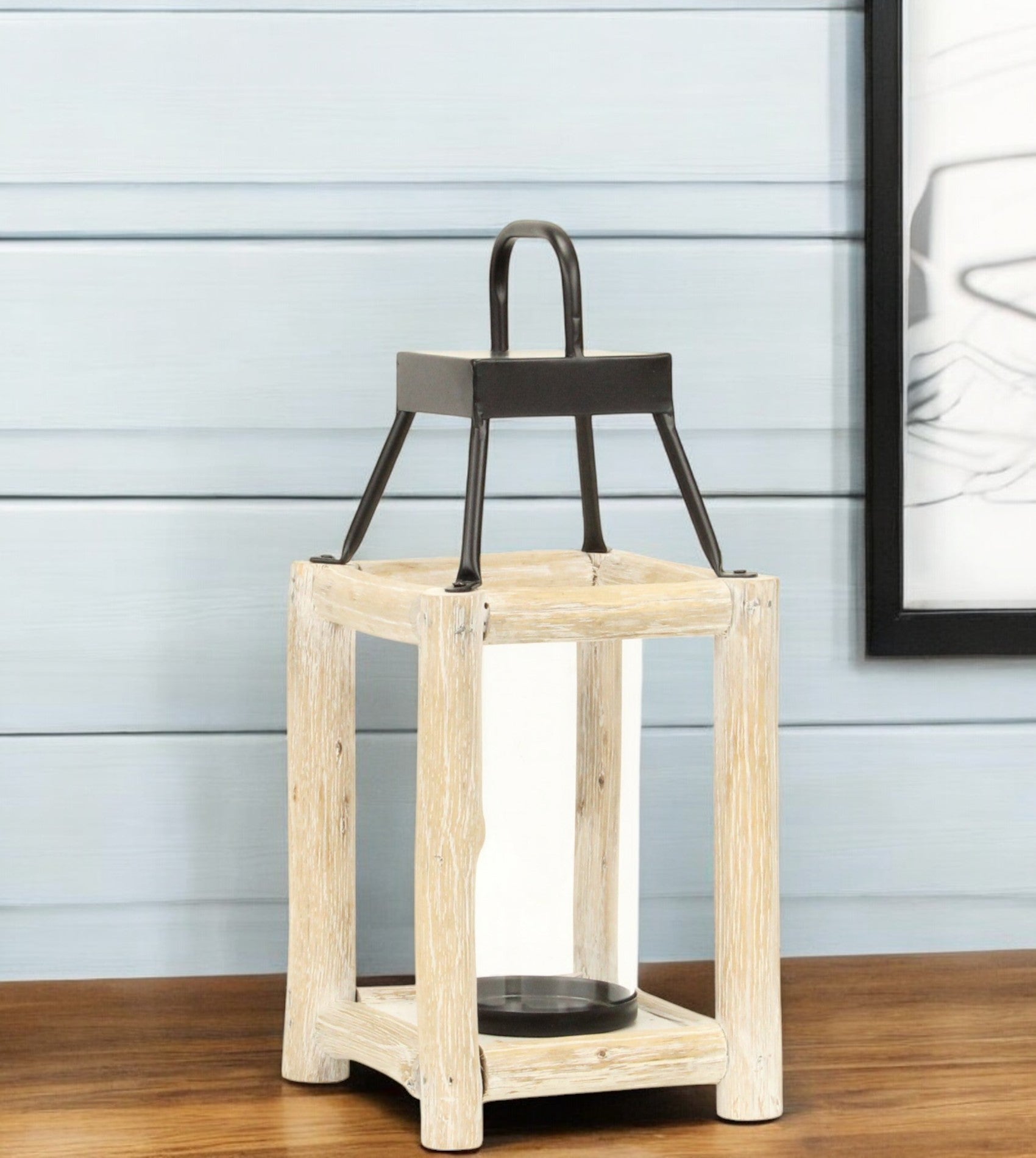 15" Natural And Black Glass Metal And Wood Tabletop Lantern Candle Holder-Candle Holders-DECOROLALA
