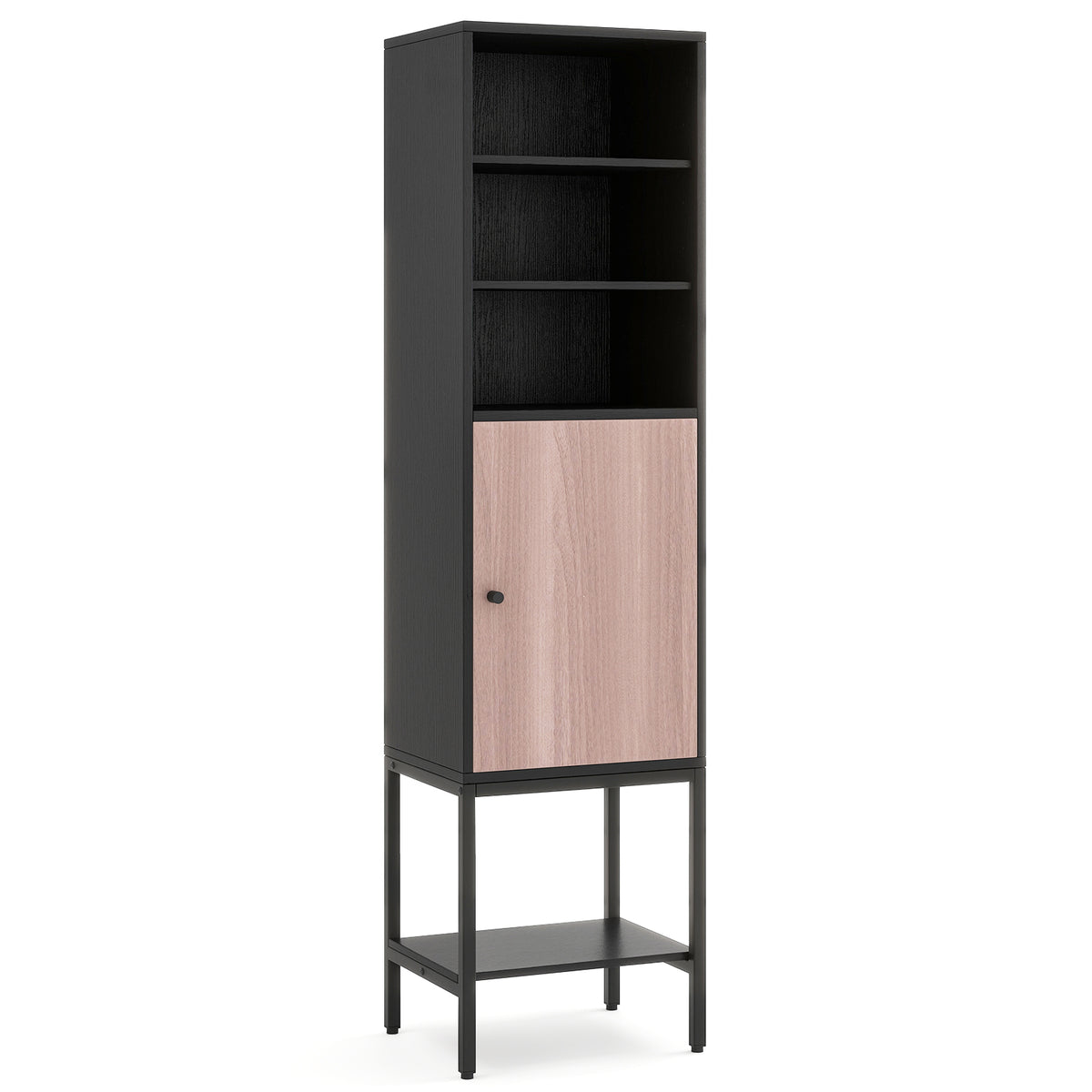 57" Bathroom Tall Cabinet - Narrow 1-Door Storage Unit Black-Floor Cabinets-DECOROLALA