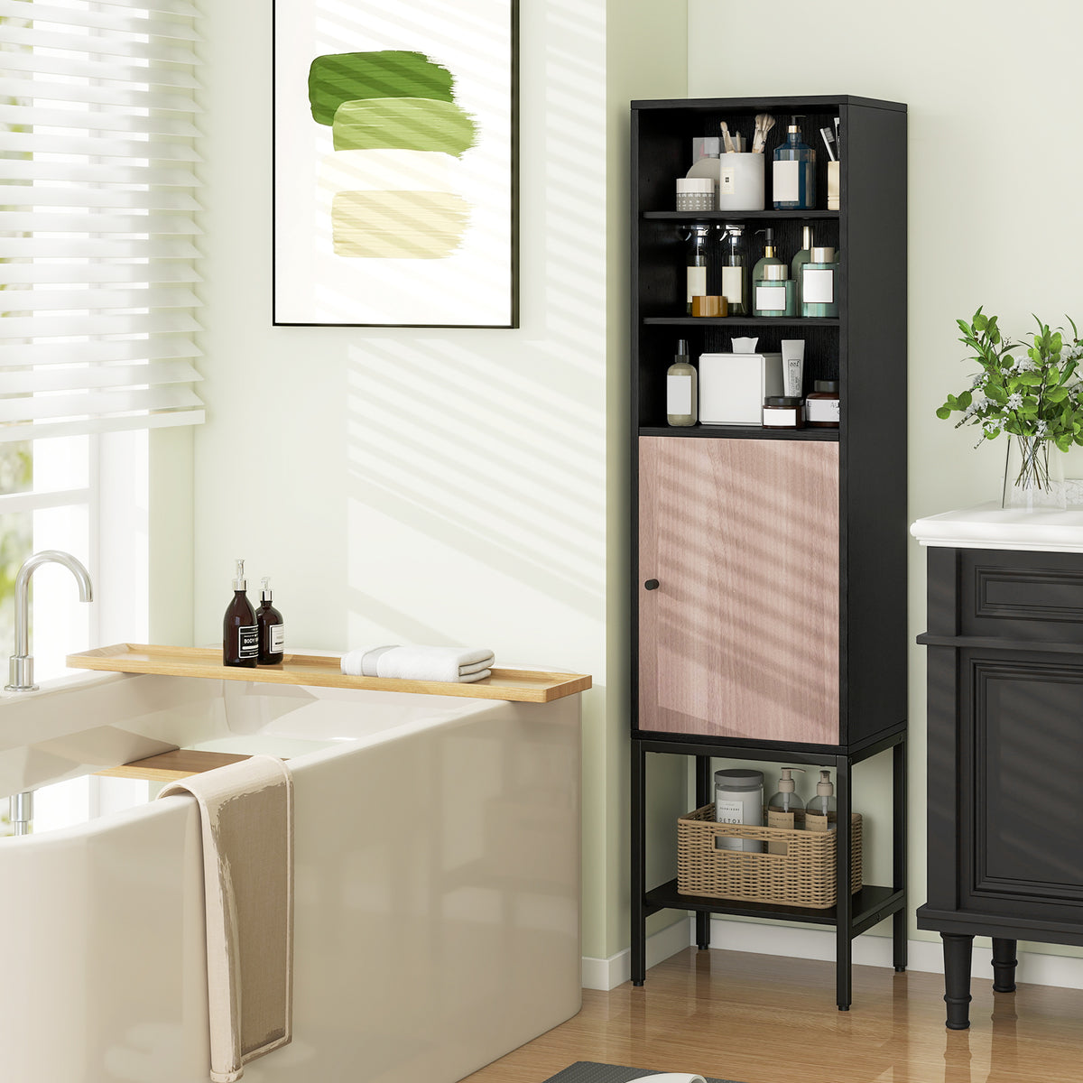 57" Bathroom Tall Cabinet - Narrow 1-Door Storage Unit Black-Floor Cabinets-DECOROLALA