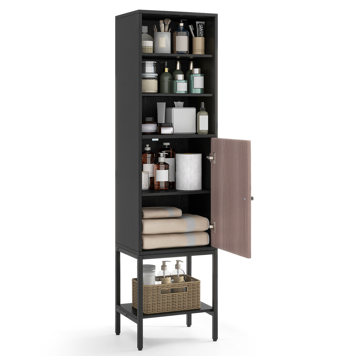 57" Bathroom Tall Cabinet - Narrow 1-Door Storage Unit Black-Floor Cabinets-DECOROLALA