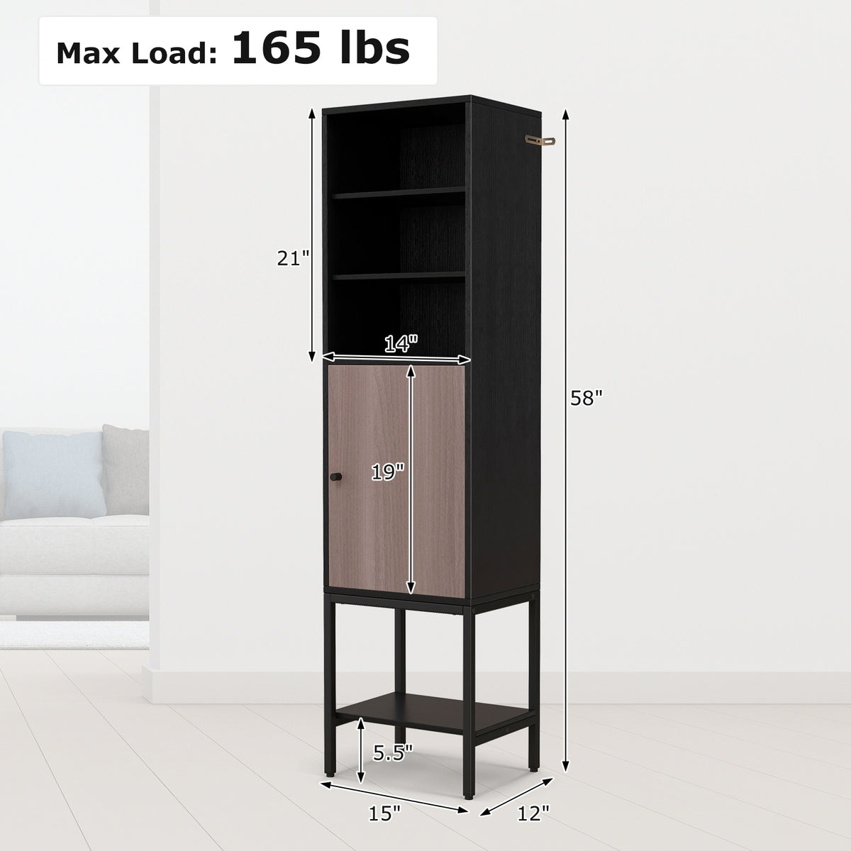57" Bathroom Tall Cabinet - Narrow 1-Door Storage Unit Black-Floor Cabinets-DECOROLALA