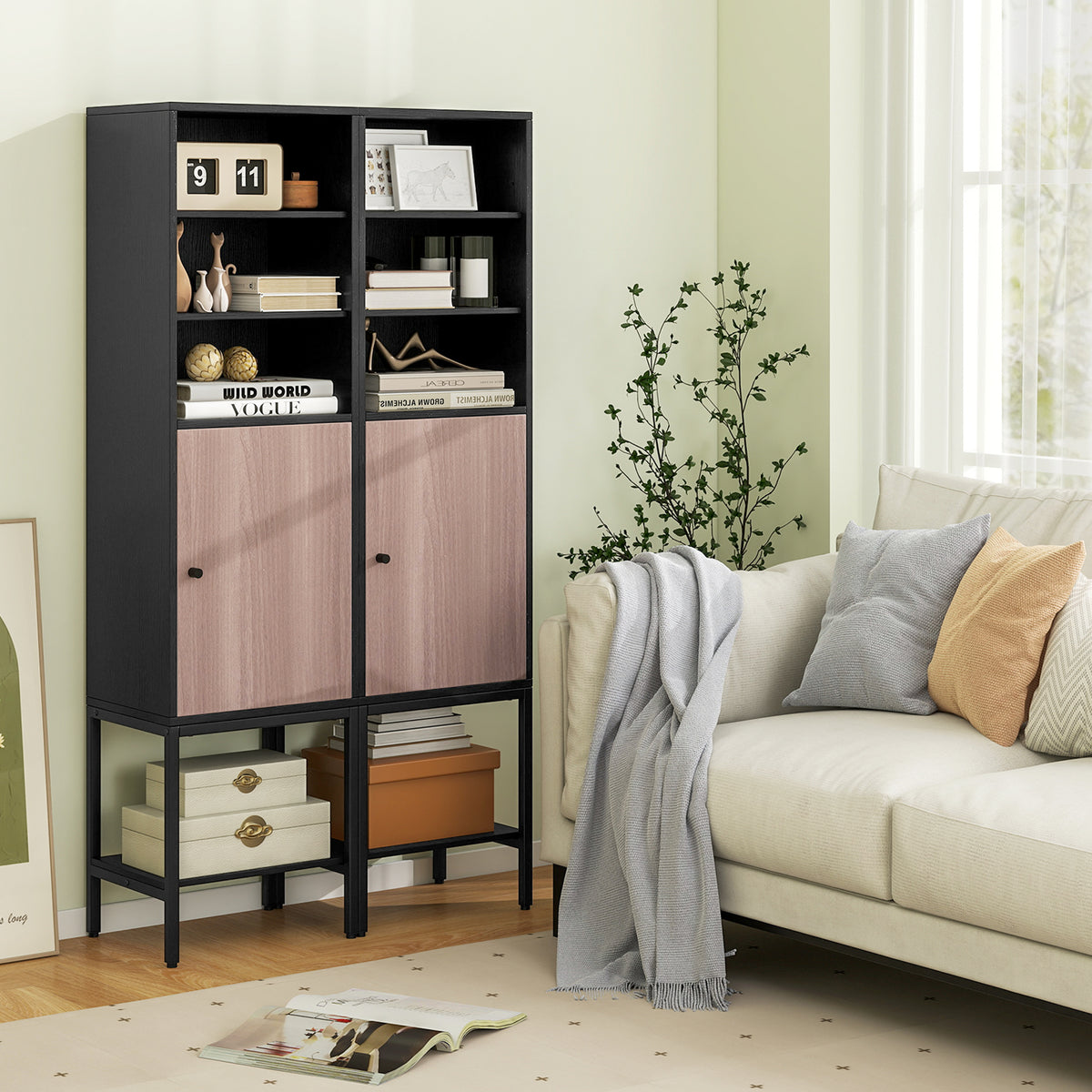57" Bathroom Tall Cabinet - Narrow 1-Door Storage Unit Black-Floor Cabinets-DECOROLALA