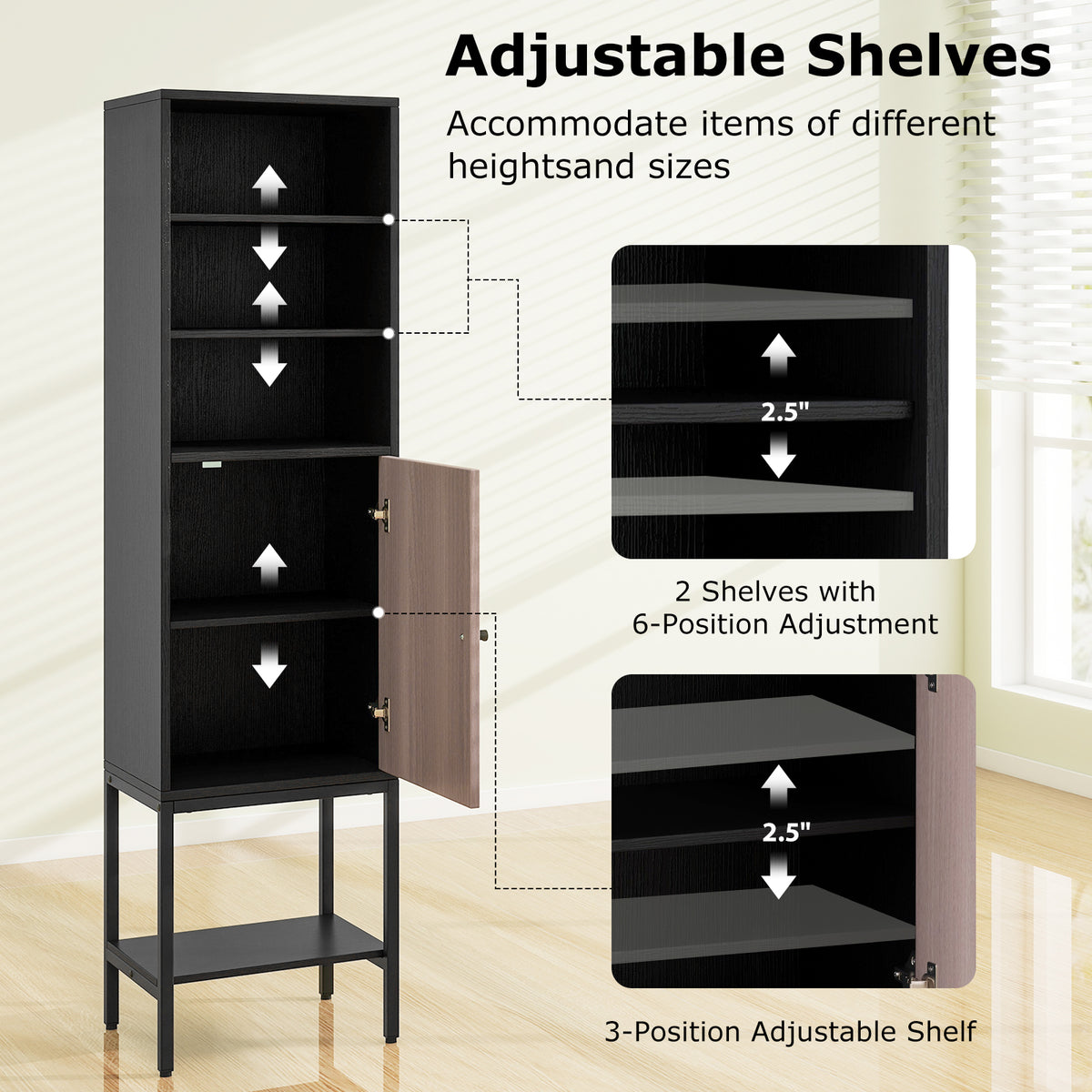 57" Bathroom Tall Cabinet - Narrow 1-Door Storage Unit Black-Floor Cabinets-DECOROLALA