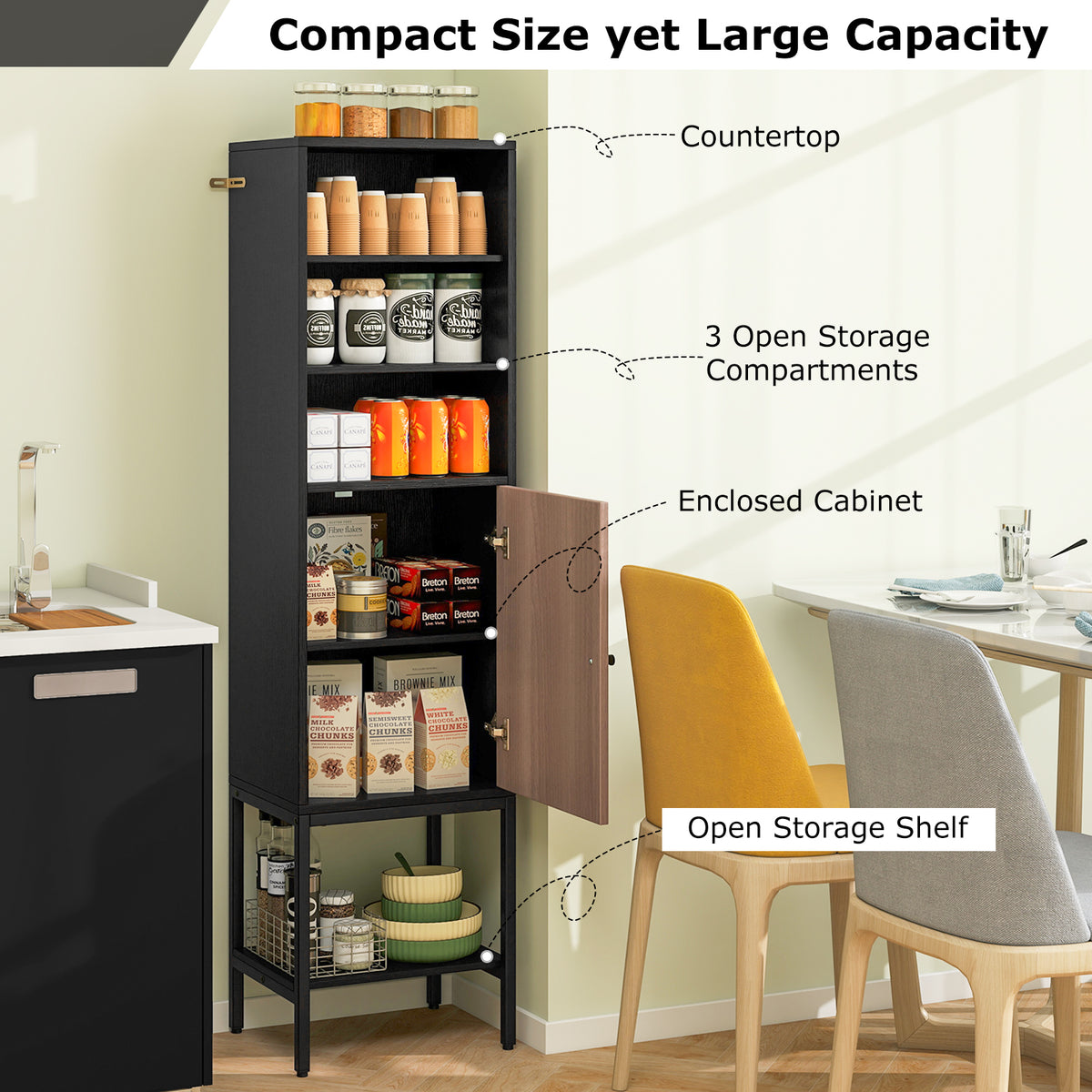 57" Bathroom Tall Cabinet - Narrow 1-Door Storage Unit Black-Floor Cabinets-DECOROLALA