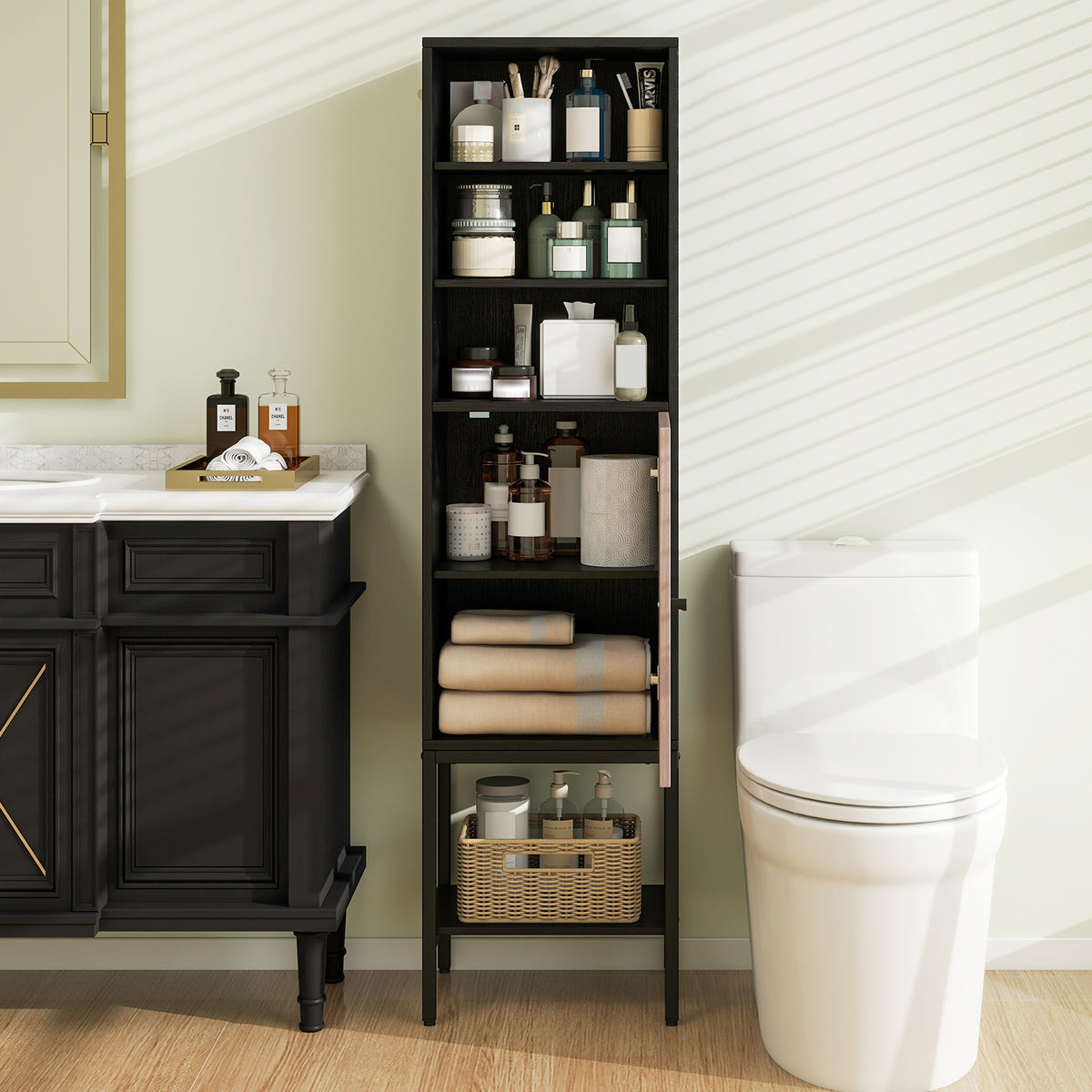 57" Bathroom Tall Cabinet - Narrow 1-Door Storage Unit Black-Floor Cabinets-DECOROLALA