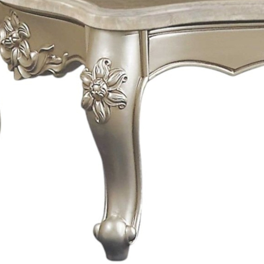 57" Beige Genuine Marble And Solid Wood Coffee Table-Coffee Tables-DECOROLALA