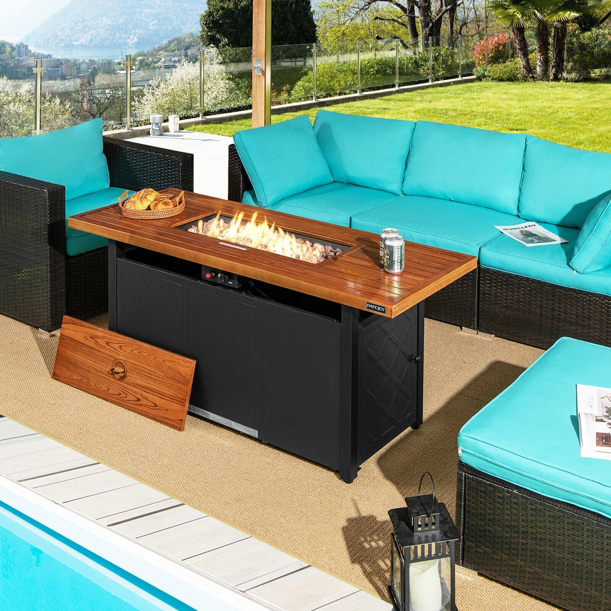 57 Inch 50 000 BTU Rectangular Propane Outdoor Fire Pit Table-Brown-Fire Pit Tables-DECOROLALA