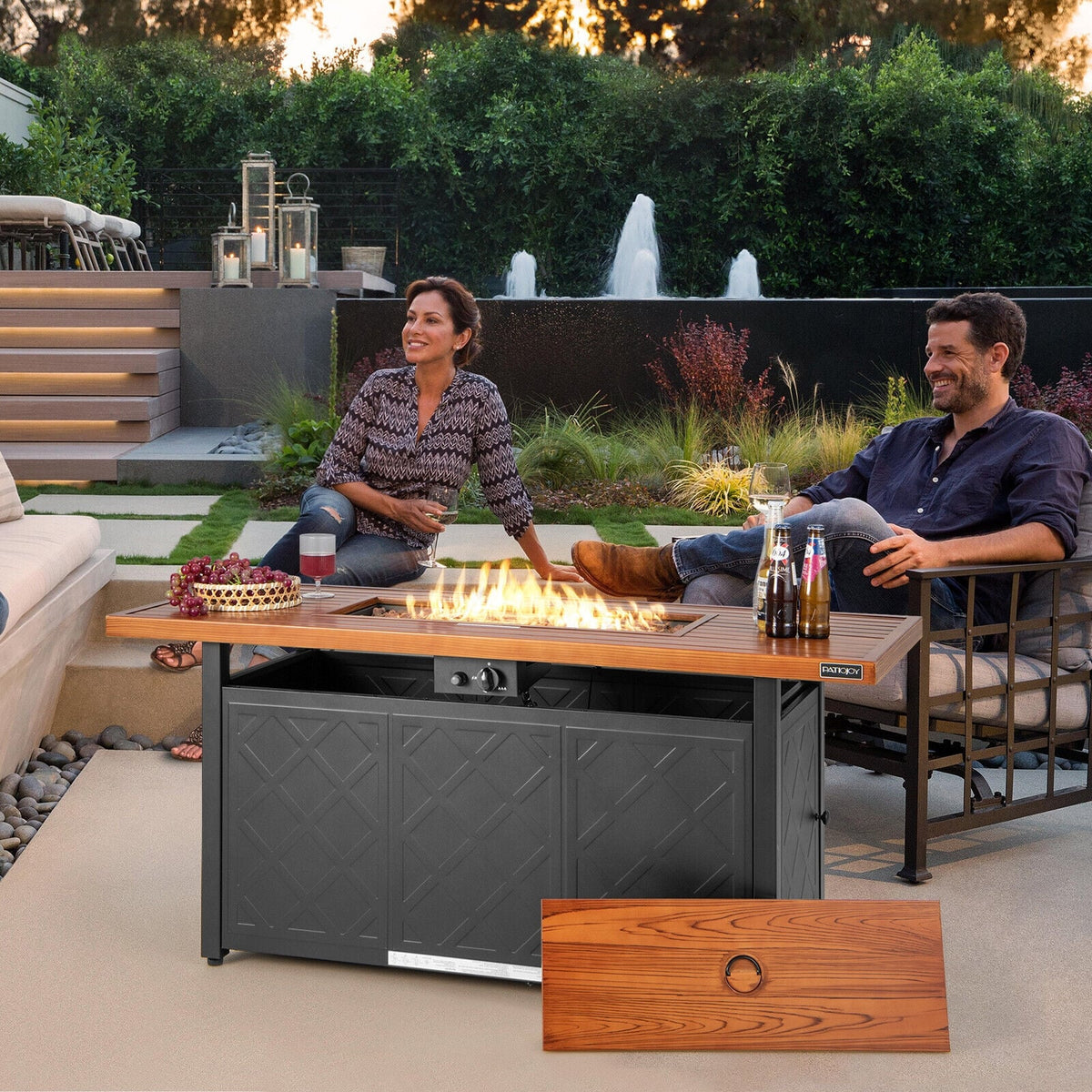 57 Inch 50 000 BTU Rectangular Propane Outdoor Fire Pit Table-Brown-Fire Pit Tables-DECOROLALA