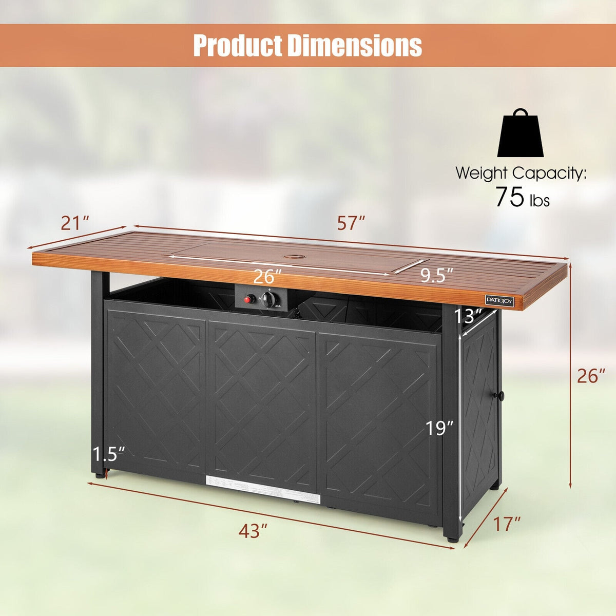 57 Inch 50 000 BTU Rectangular Propane Outdoor Fire Pit Table-Brown-Fire Pit Tables-DECOROLALA