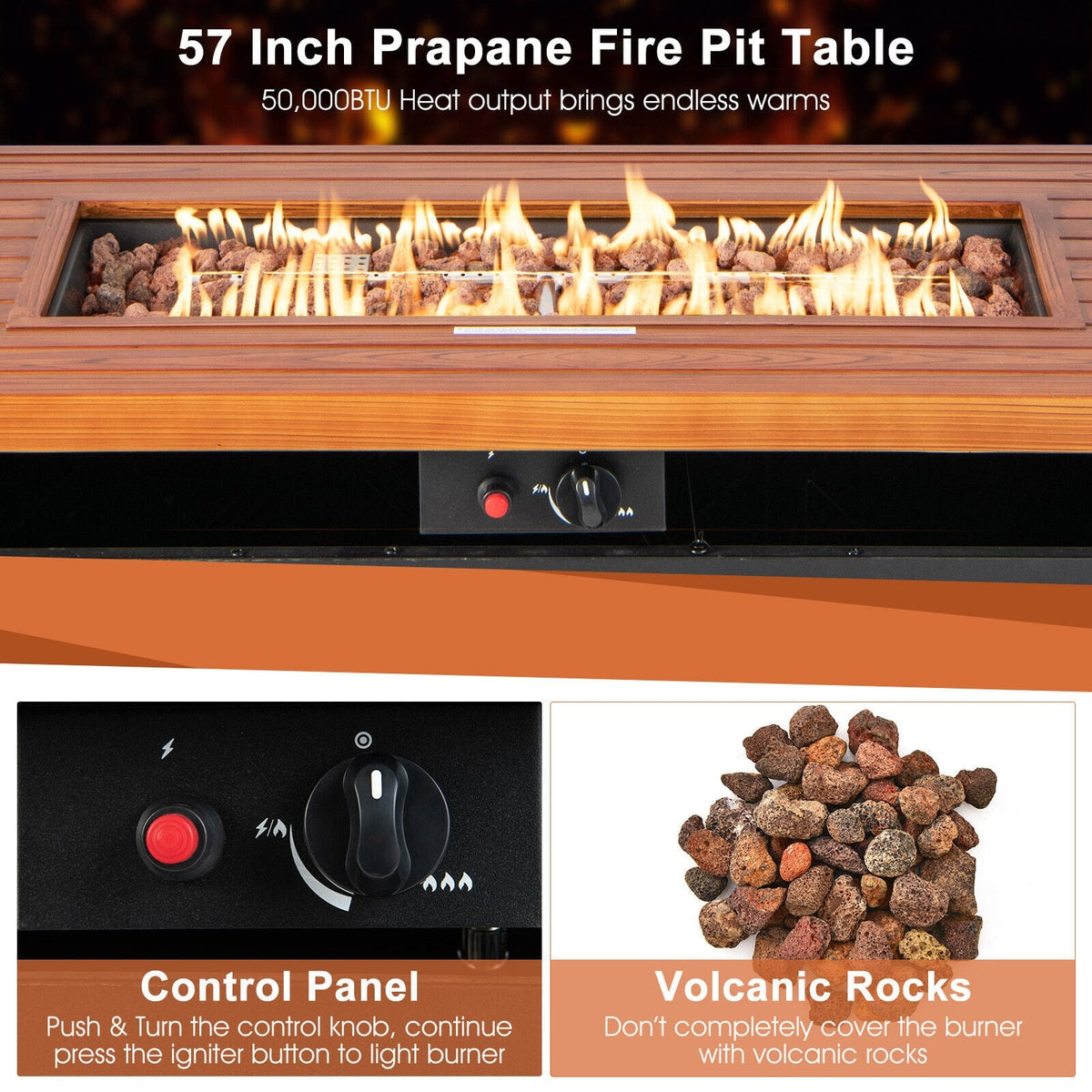 57 Inch 50 000 BTU Rectangular Propane Outdoor Fire Pit Table-Brown-Fire Pit Tables-DECOROLALA