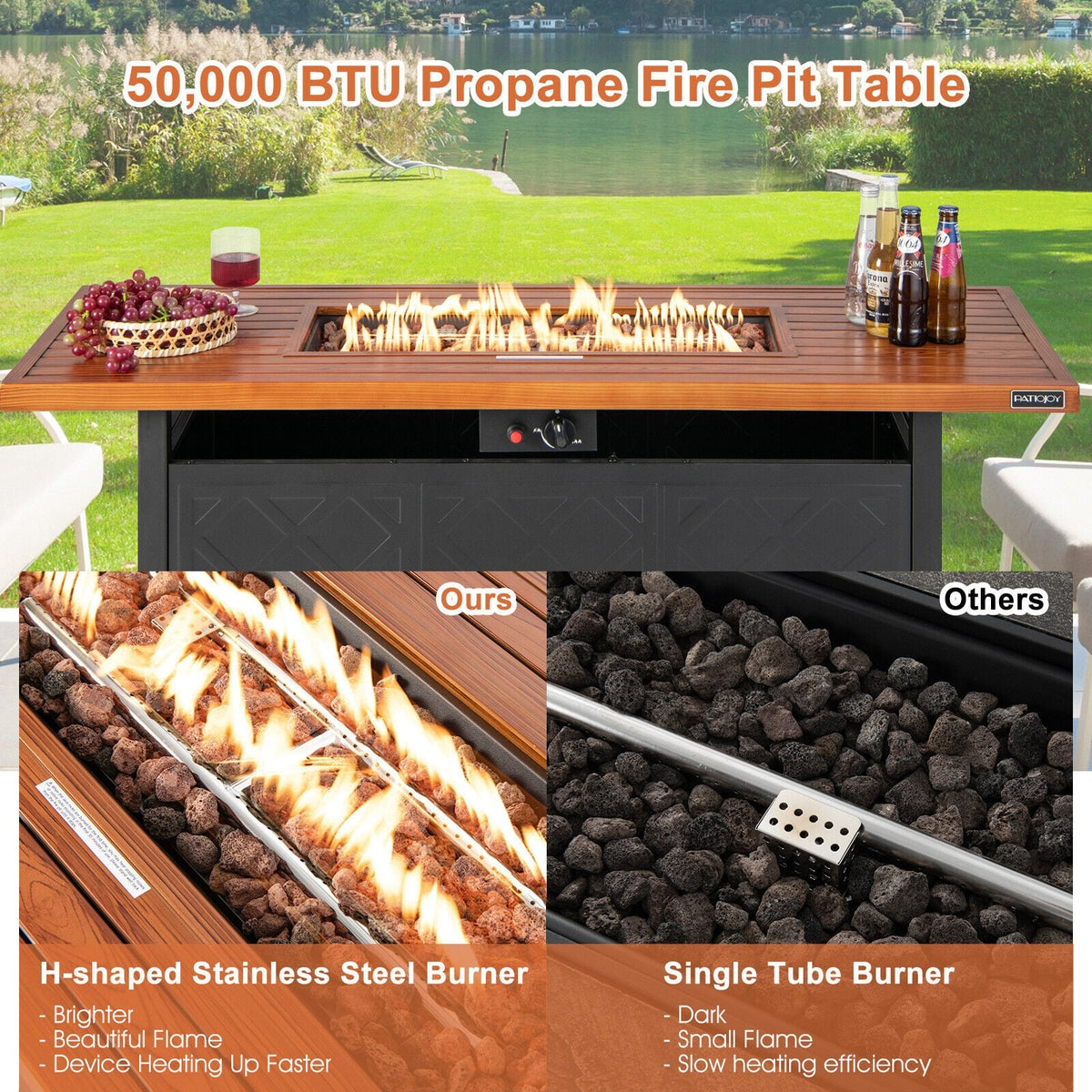 57 Inch 50 000 BTU Rectangular Propane Outdoor Fire Pit Table-Brown-Fire Pit Tables-DECOROLALA