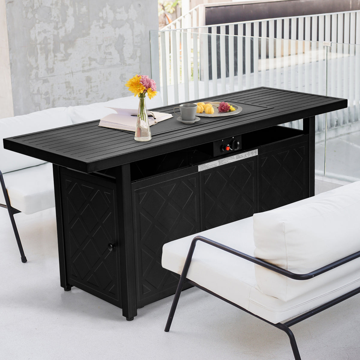57 Inch 50000 Btu Rectangular Propane Outdoor Fire Pit Table-Black-Fire Pit Tables-DECOROLALA