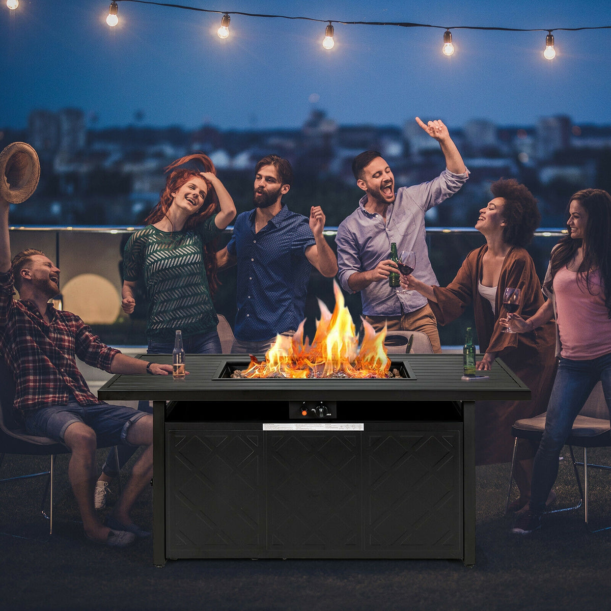57 Inch 50000 Btu Rectangular Propane Outdoor Fire Pit Table-Black-Fire Pit Tables-DECOROLALA