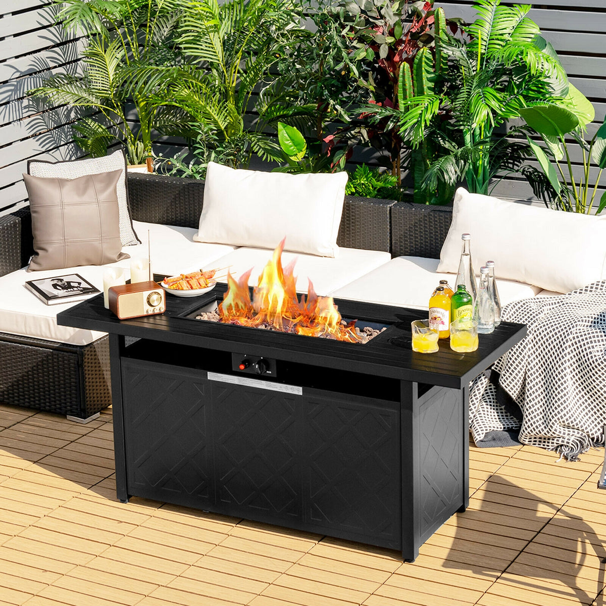 57 Inch 50000 Btu Rectangular Propane Outdoor Fire Pit Table-Black-Fire Pit Tables-DECOROLALA