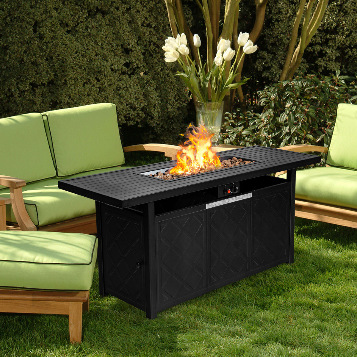 57 Inch 50000 Btu Rectangular Propane Outdoor Fire Pit Table-Black-Fire Pit Tables-DECOROLALA